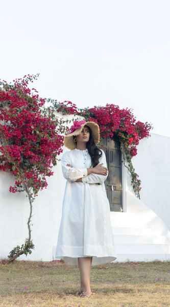 White Cotton Linen Midi Dress with Hand Embroidery Detail