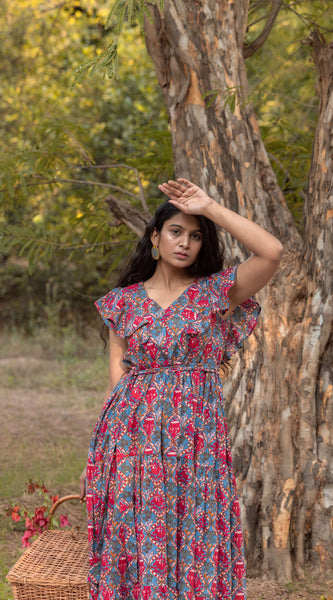Floral Block Printed Cotton Maxi Tiered Dress