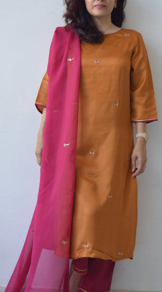 Rust Hand Embroidered Kurta Set with Dupatta