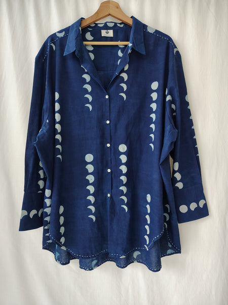 Indigo Moon Phases Loose Fit Cotton Shirt Block Print