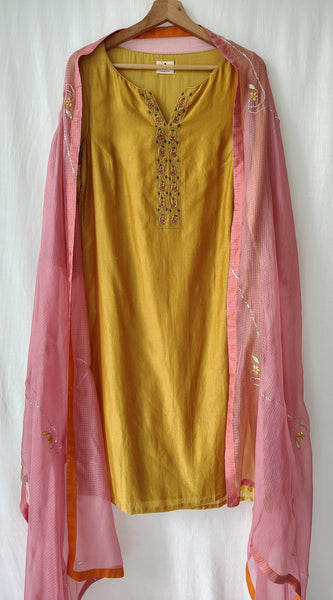 Mustard & Pink Gota Patti Hand Embroidered Suit Set with Dupatta