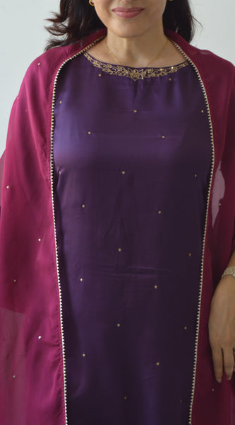 Purple Hand Embroidered Kurta Set with Dupatta