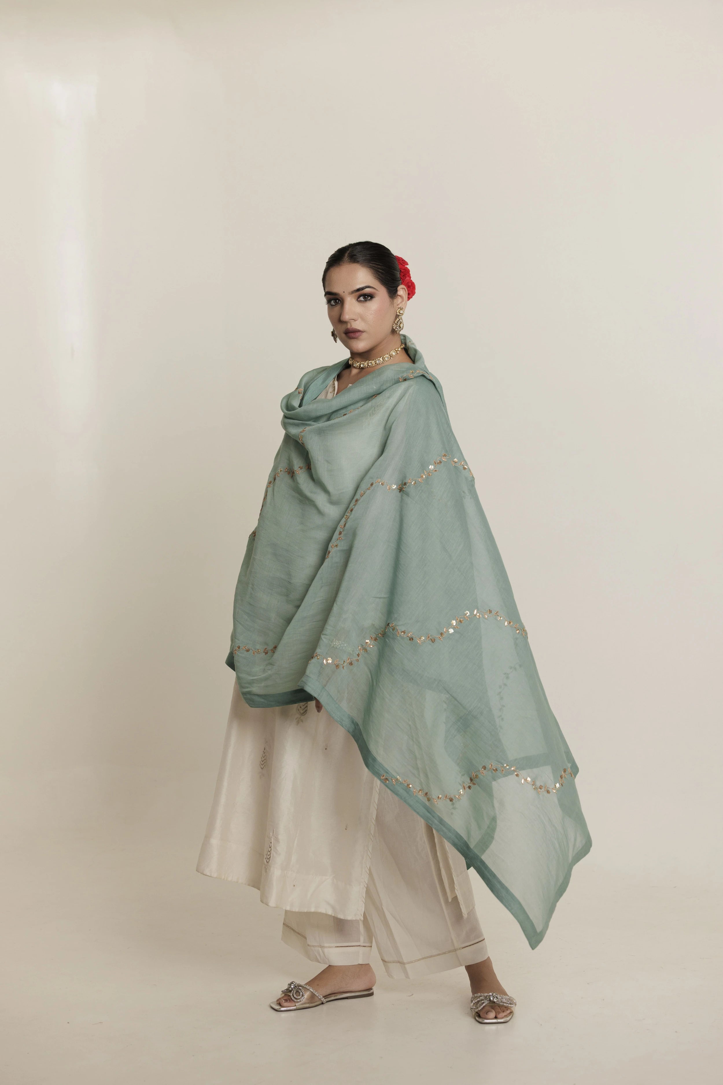 Ivory Hand Embroidered Aari Cotton Silk Kurta Set