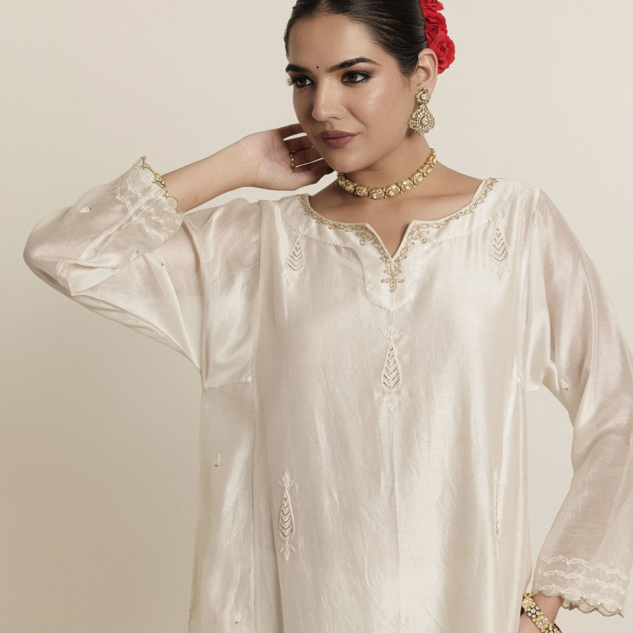 Ivory Hand Embroidered Aari Cotton Silk Kurta Set