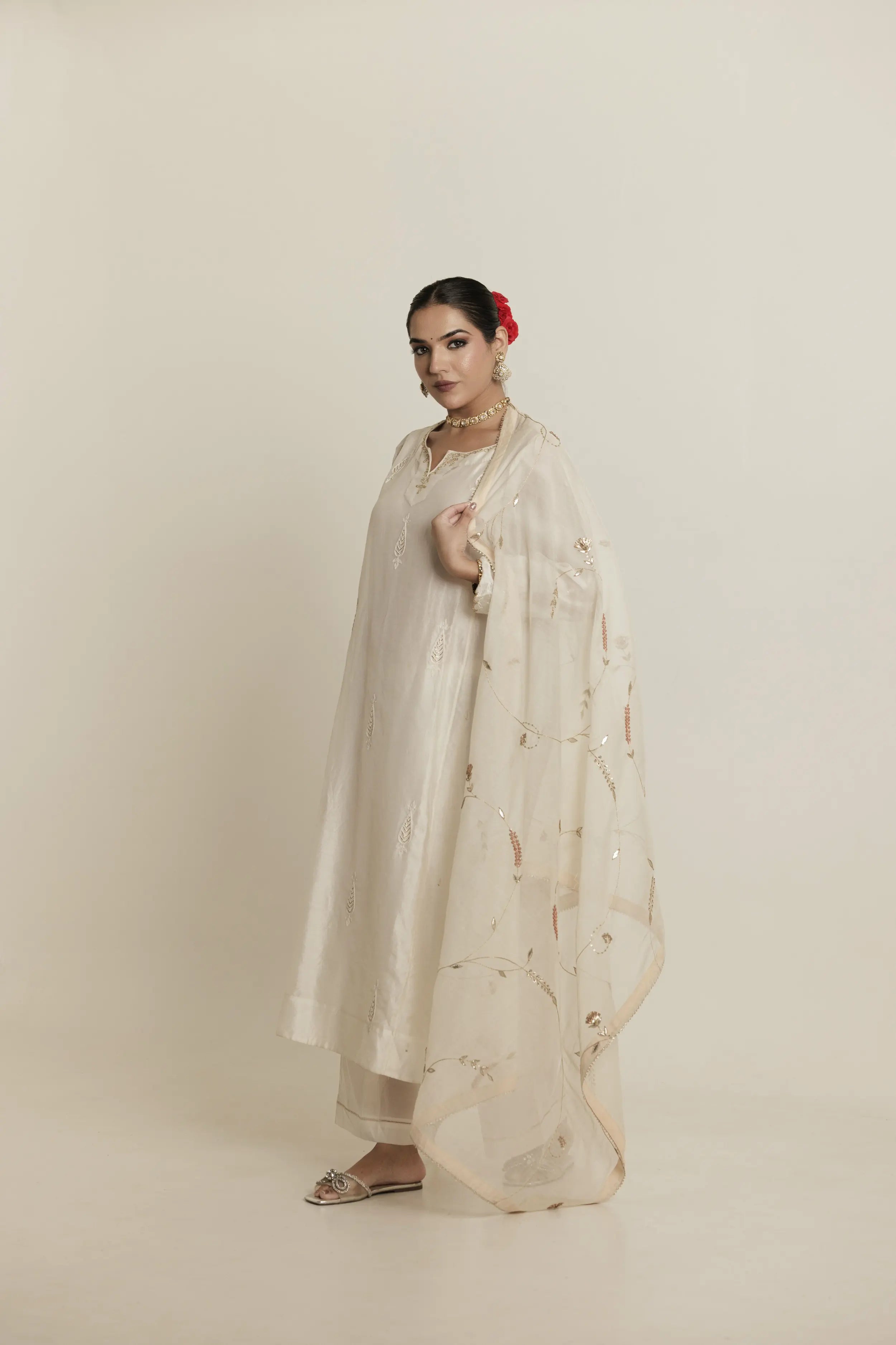 Ivory Hand Embroidered Aari Cotton Silk Kurta Set