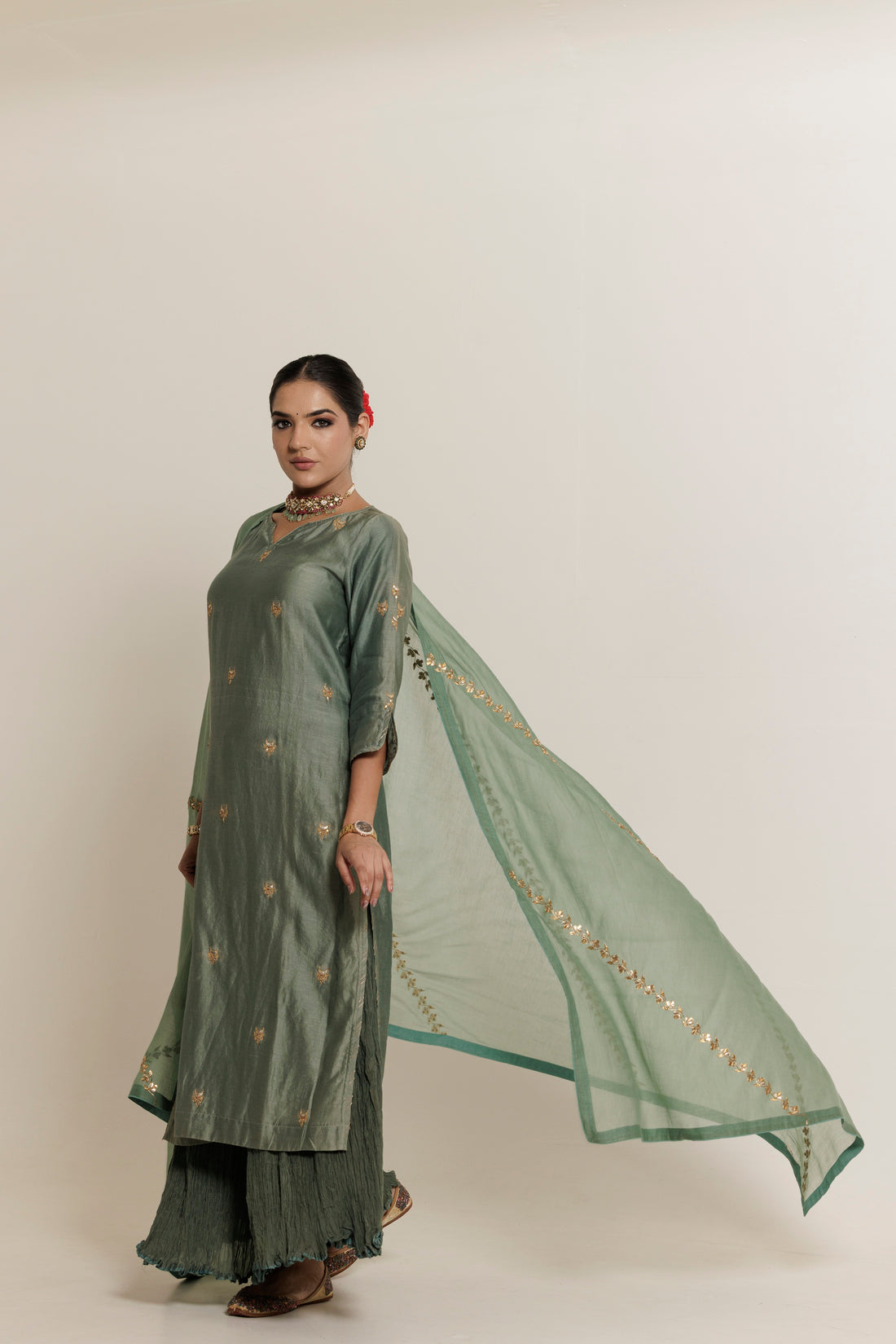 Sage Green Gota-Patti Chanderi Sharara Set