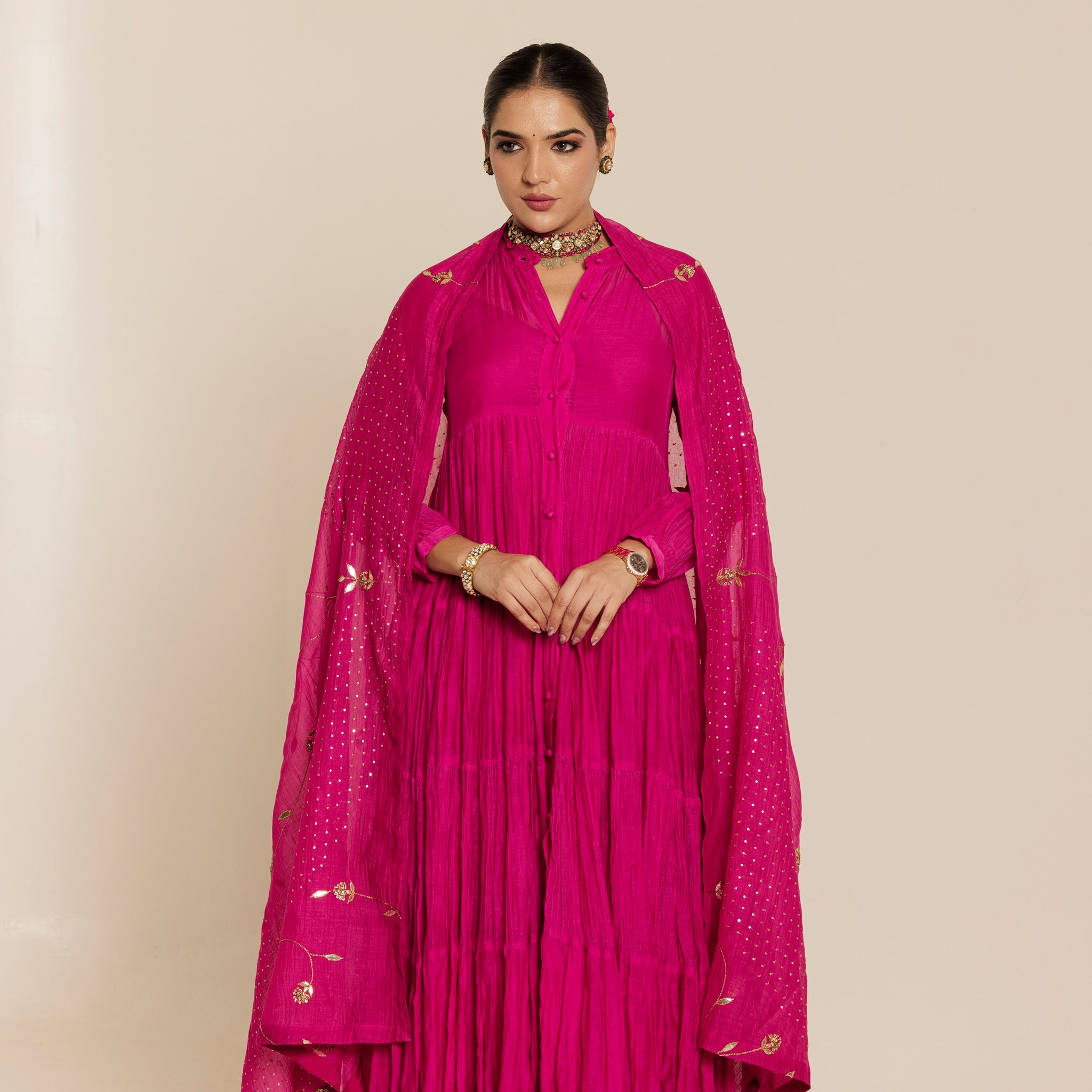 Pink Long Flared Chanderi Anarkali Kurta Set
