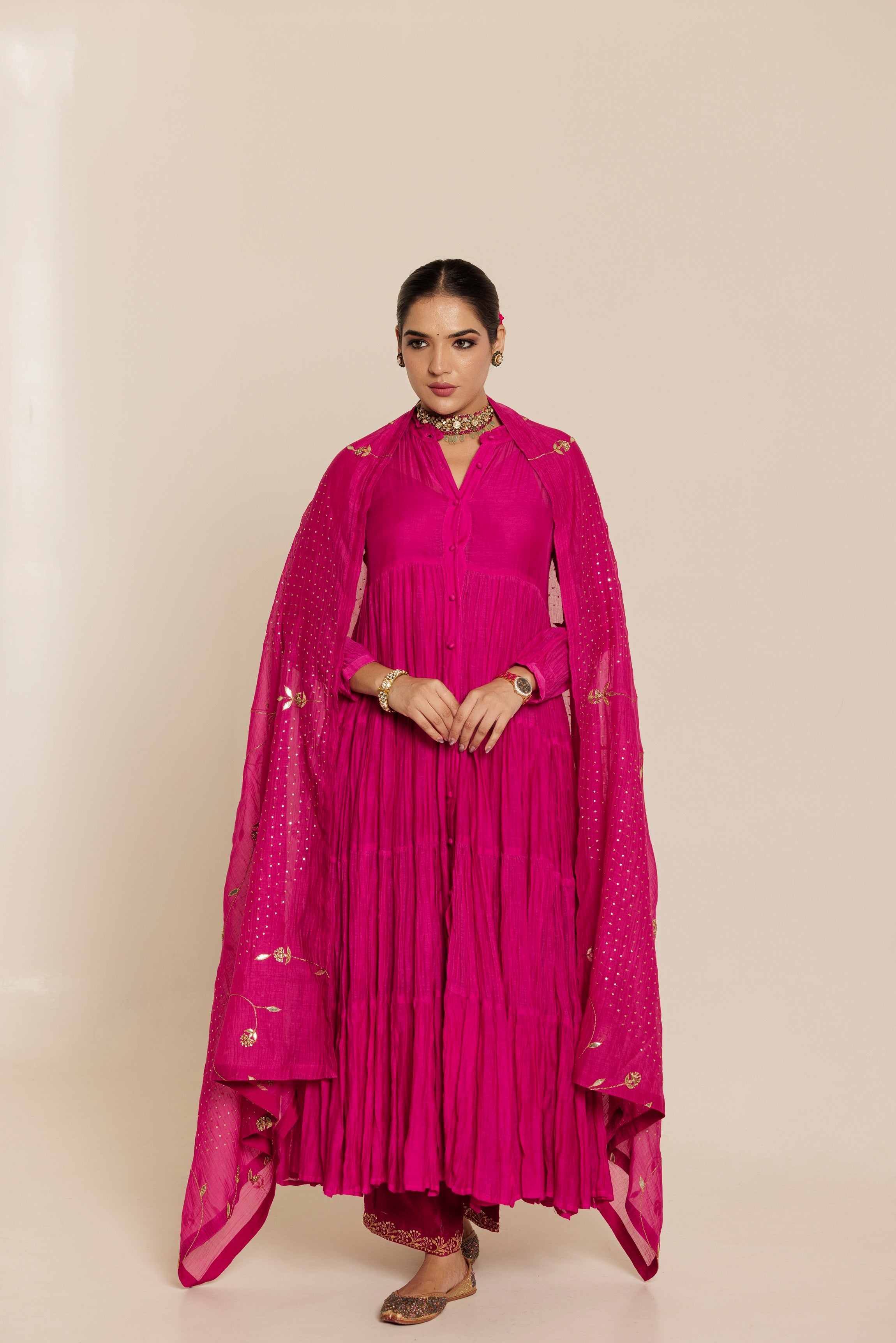 Pink Long Flared Chanderi Anarkali Kurta Set