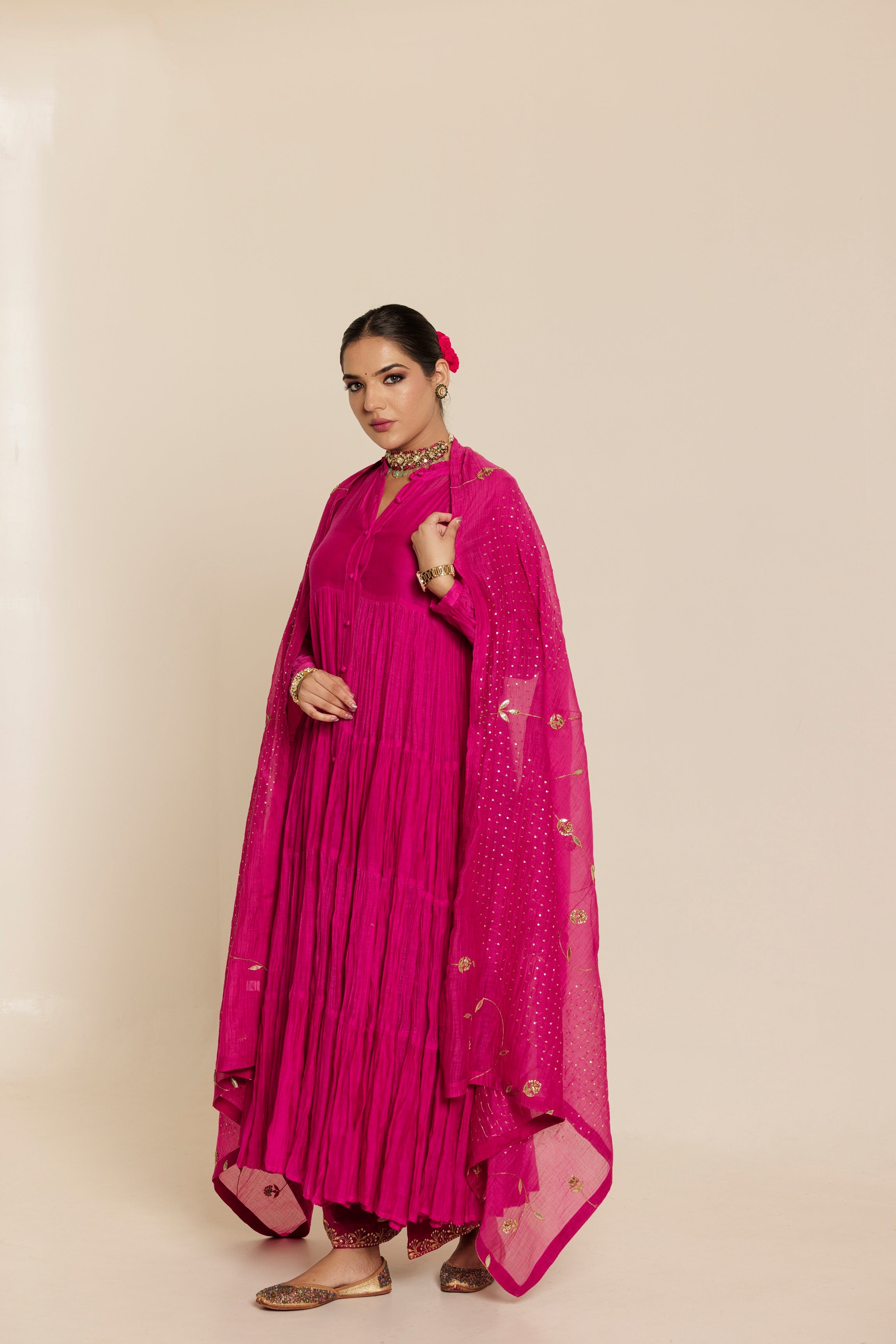 Pink Long Flared Chanderi Anarkali Kurta Set