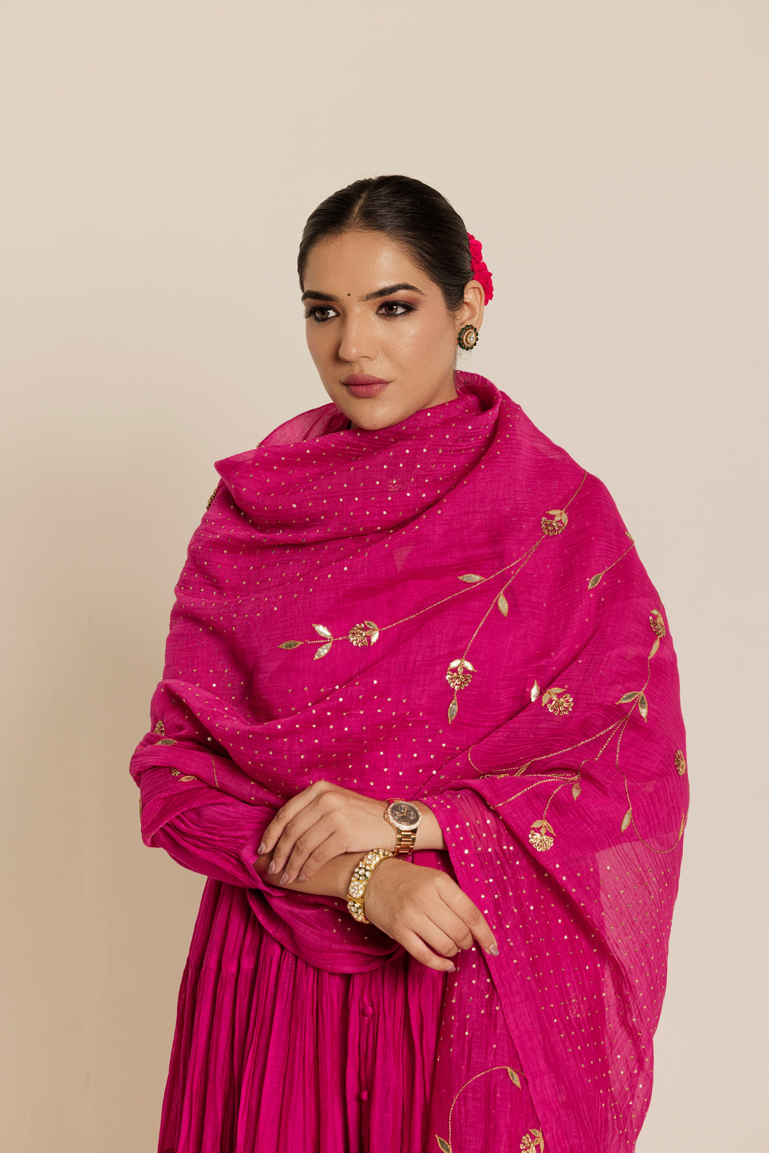 Teal & Magenta Hand Embroidered Gota Patti Chanderi Dupatta