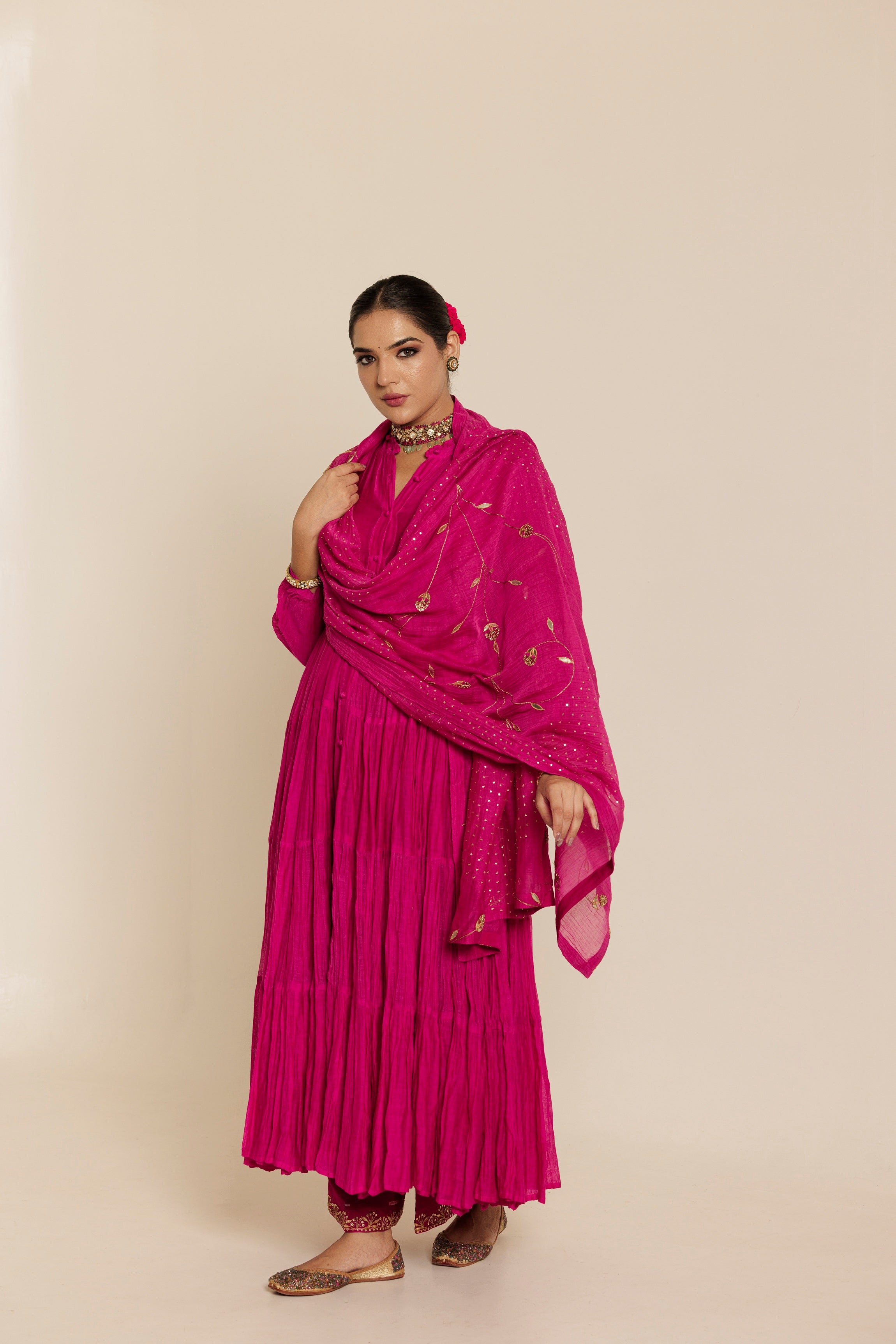 Teal & Magenta Hand Embroidered Gota Patti Chanderi Dupatta