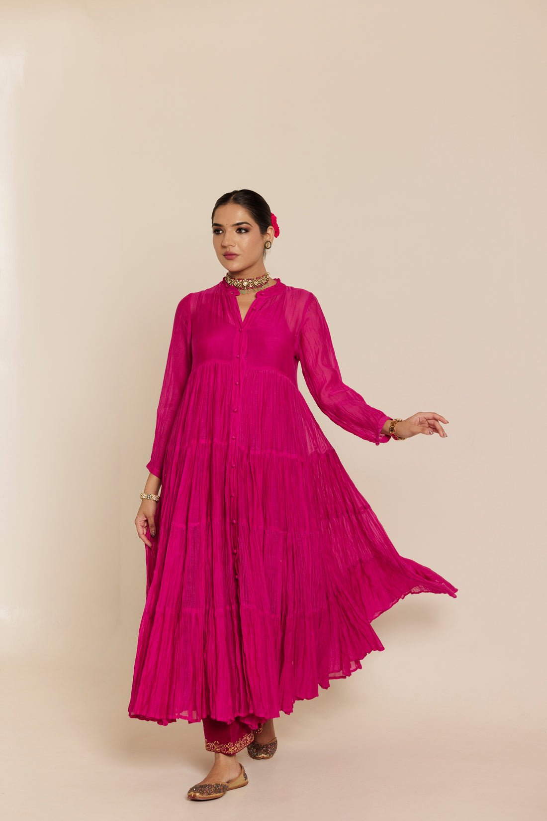 Pink Long Flared Chanderi Anarkali Kurta Set