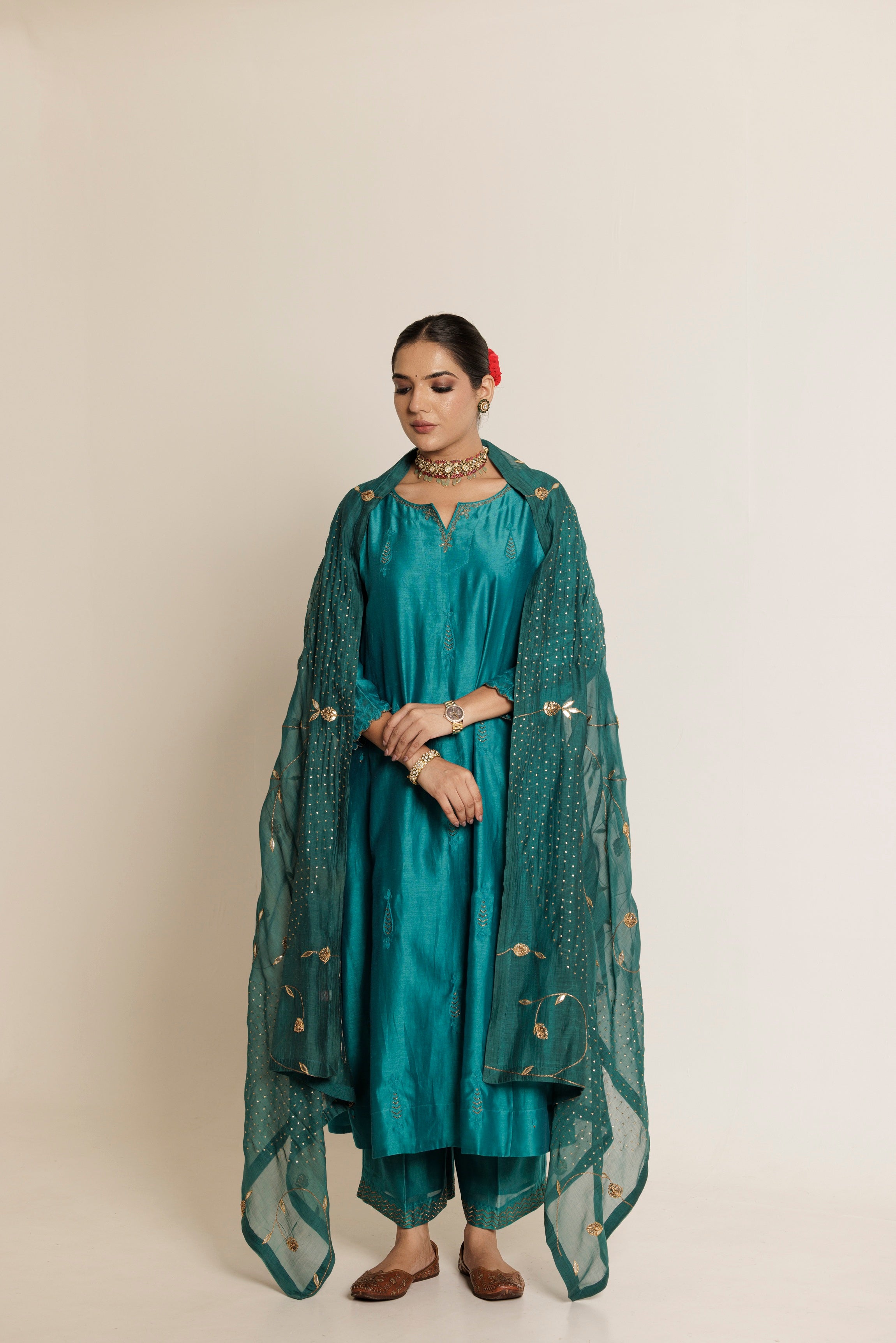 Teal & Magenta Hand Embroidered Gota Patti Chanderi Dupatta