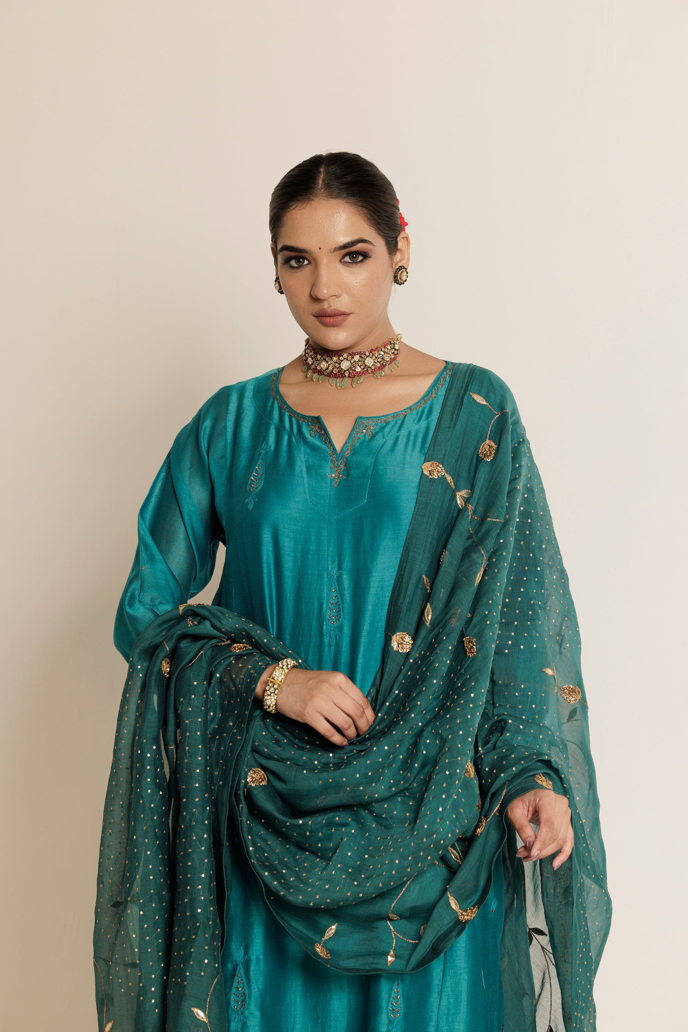 Teal & Magenta Hand Embroidered Gota Patti Chanderi Dupatta