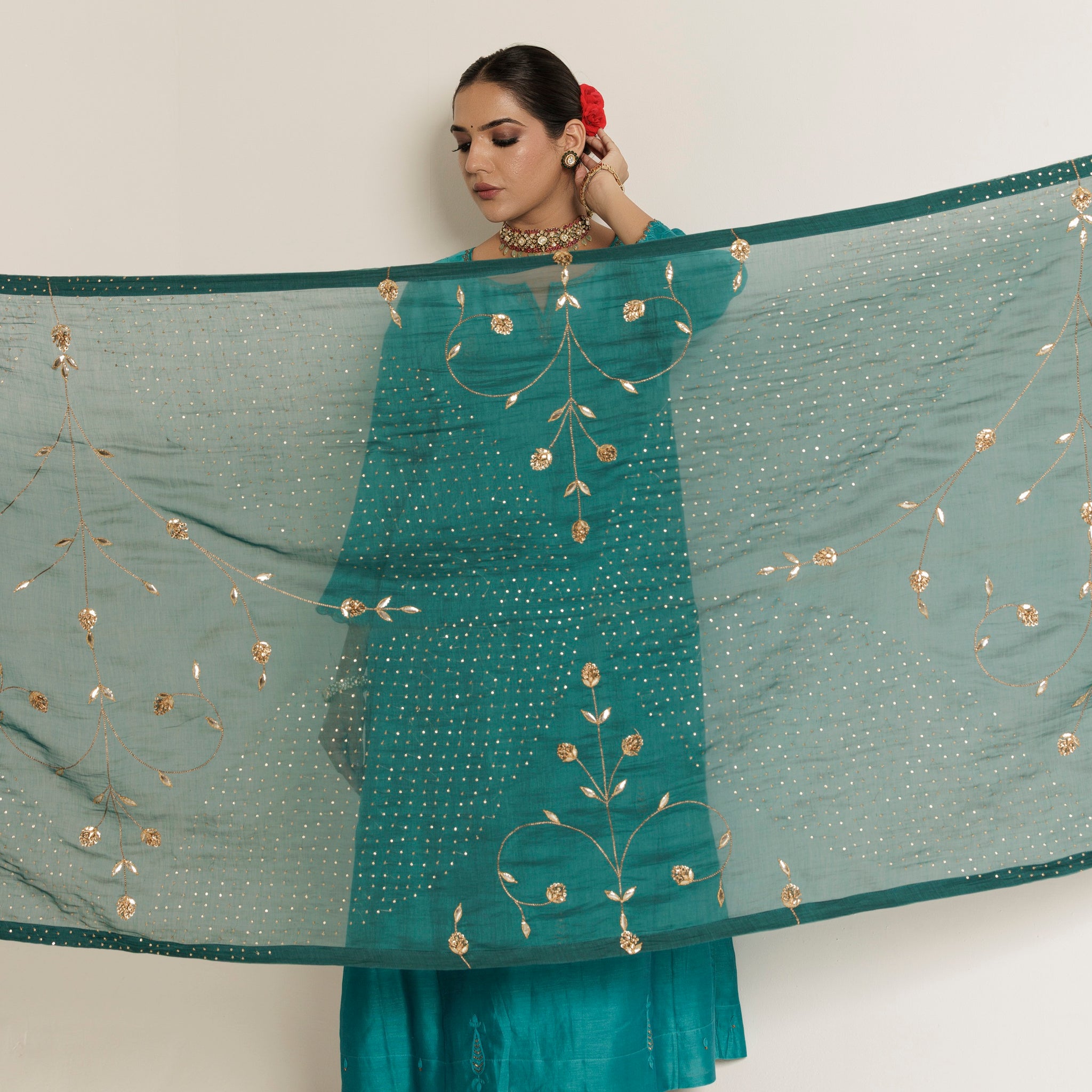 Teal & Magenta Hand Embroidered Gota Patti Chanderi Dupatta