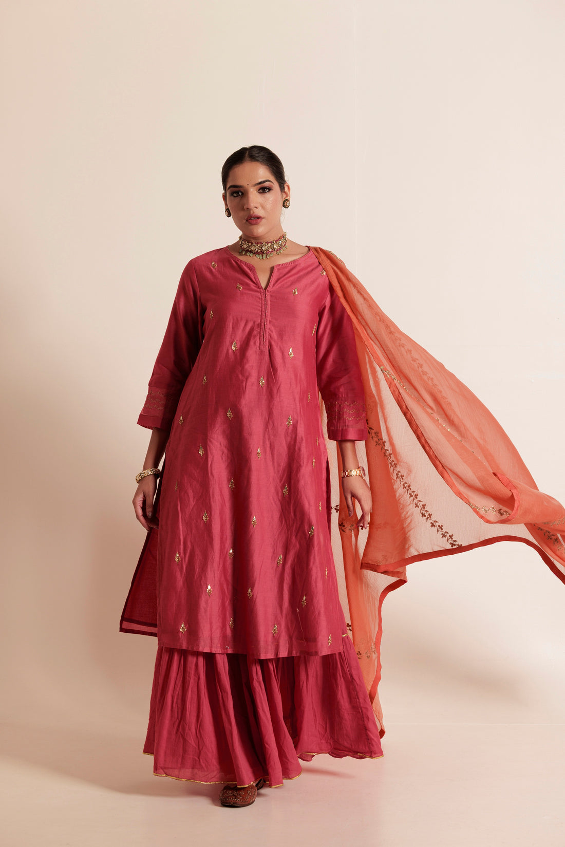 Coral Pink Aari-Zardozi Embroidered Sharara Set