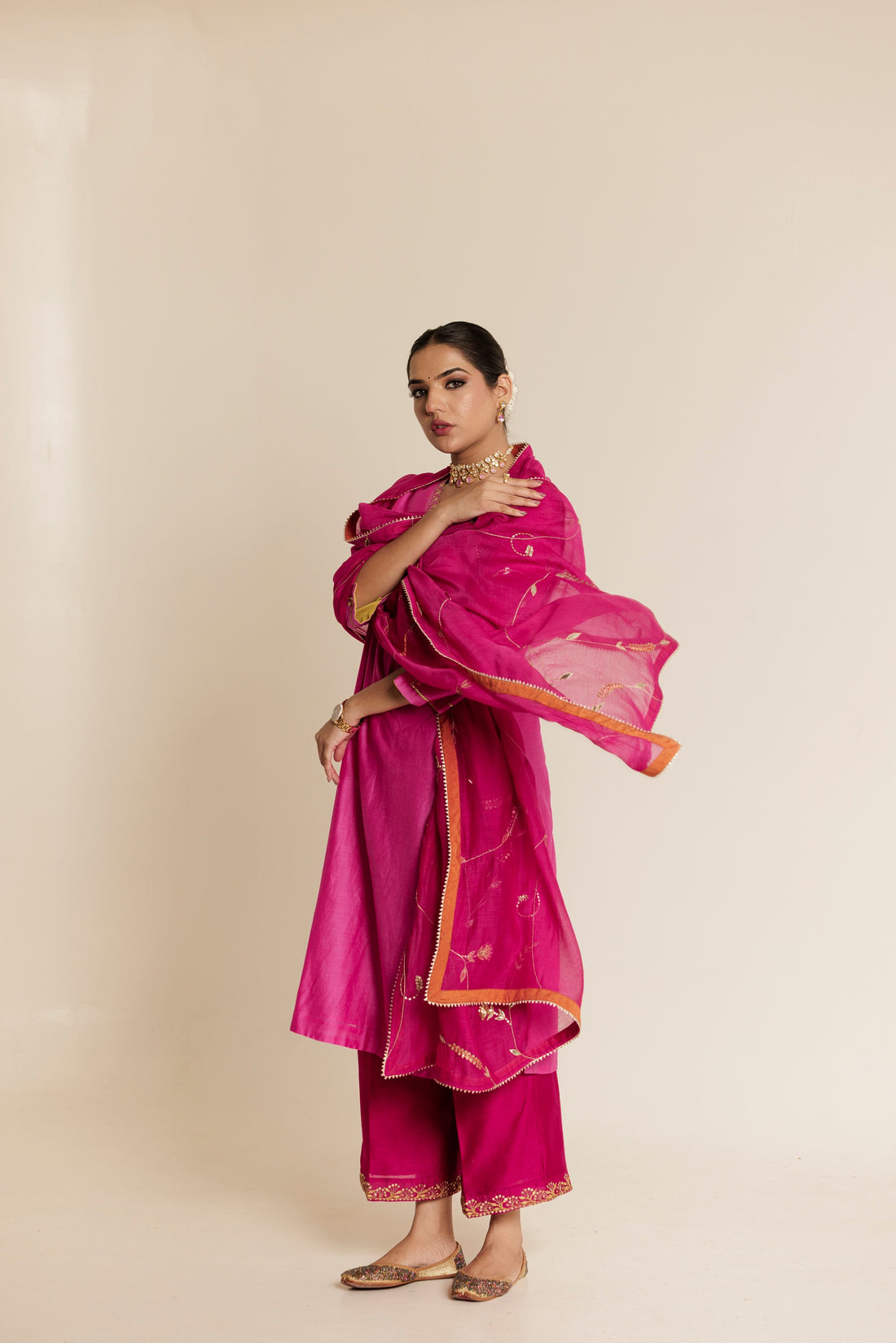 Ivory Hand Embroidered Gota Jaal Chanderi Dupatta