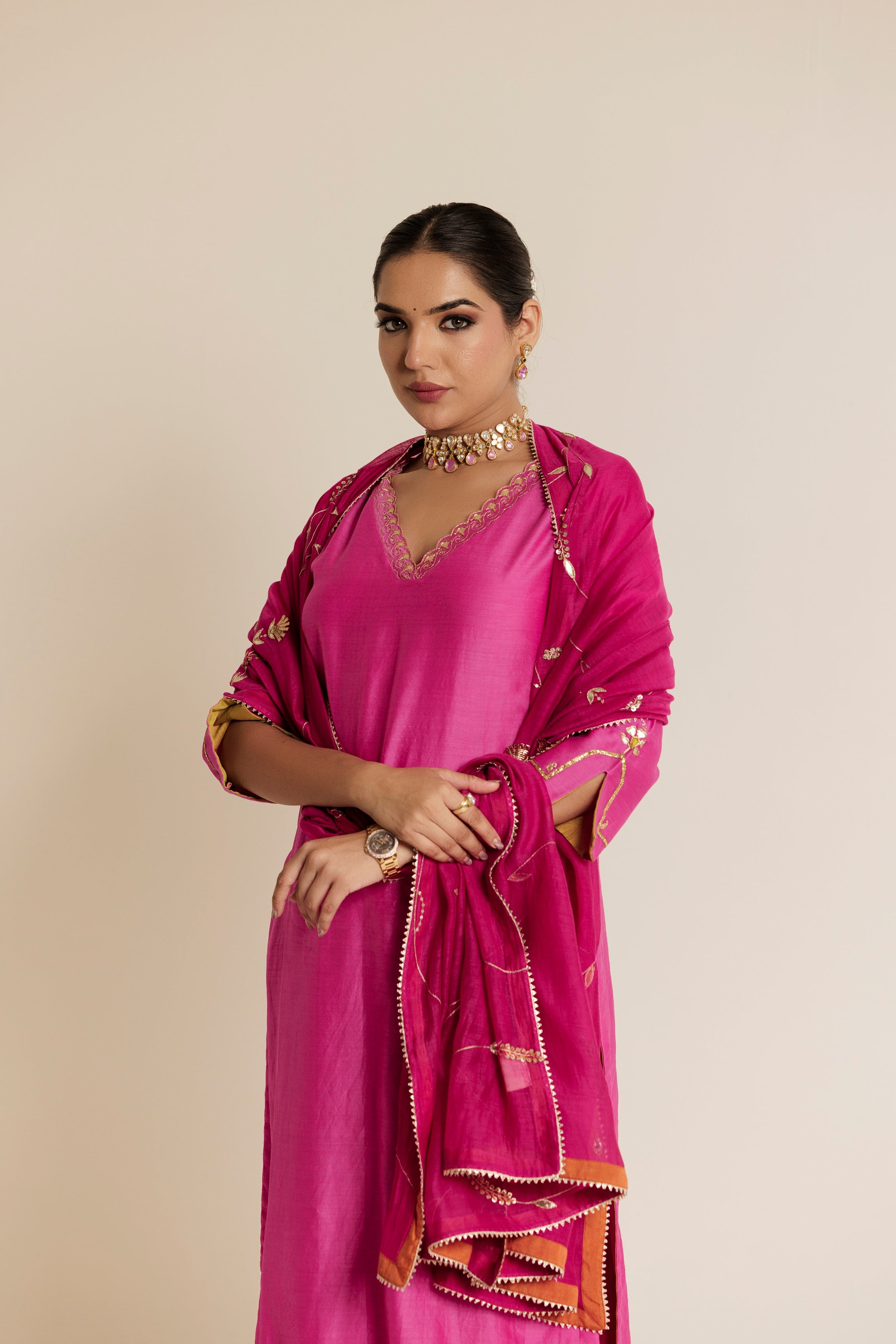 Ivory Hand Embroidered Gota Jaal Chanderi Dupatta
