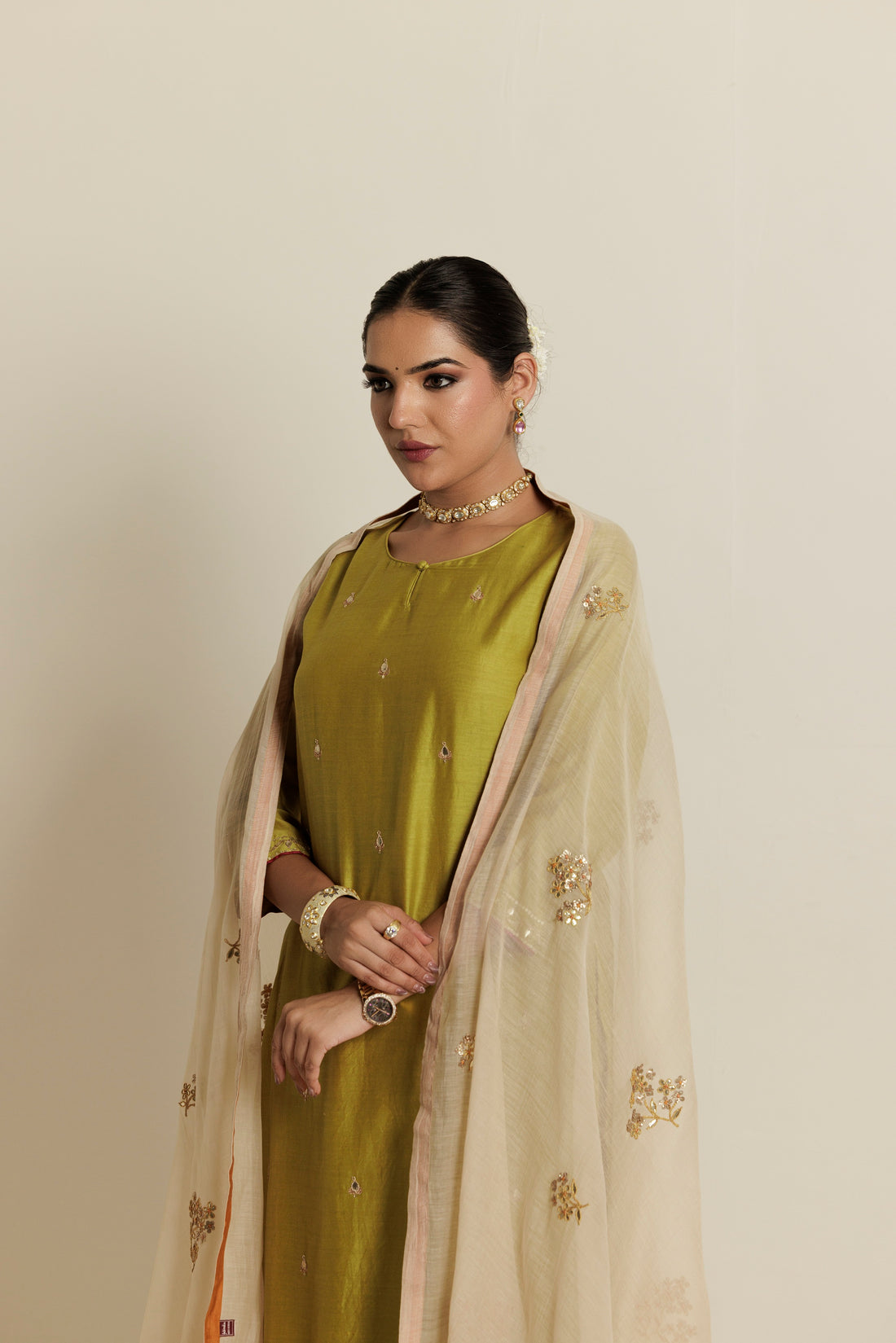 Mustard Ivory Floral Gota Patti Chanderi Dupatta