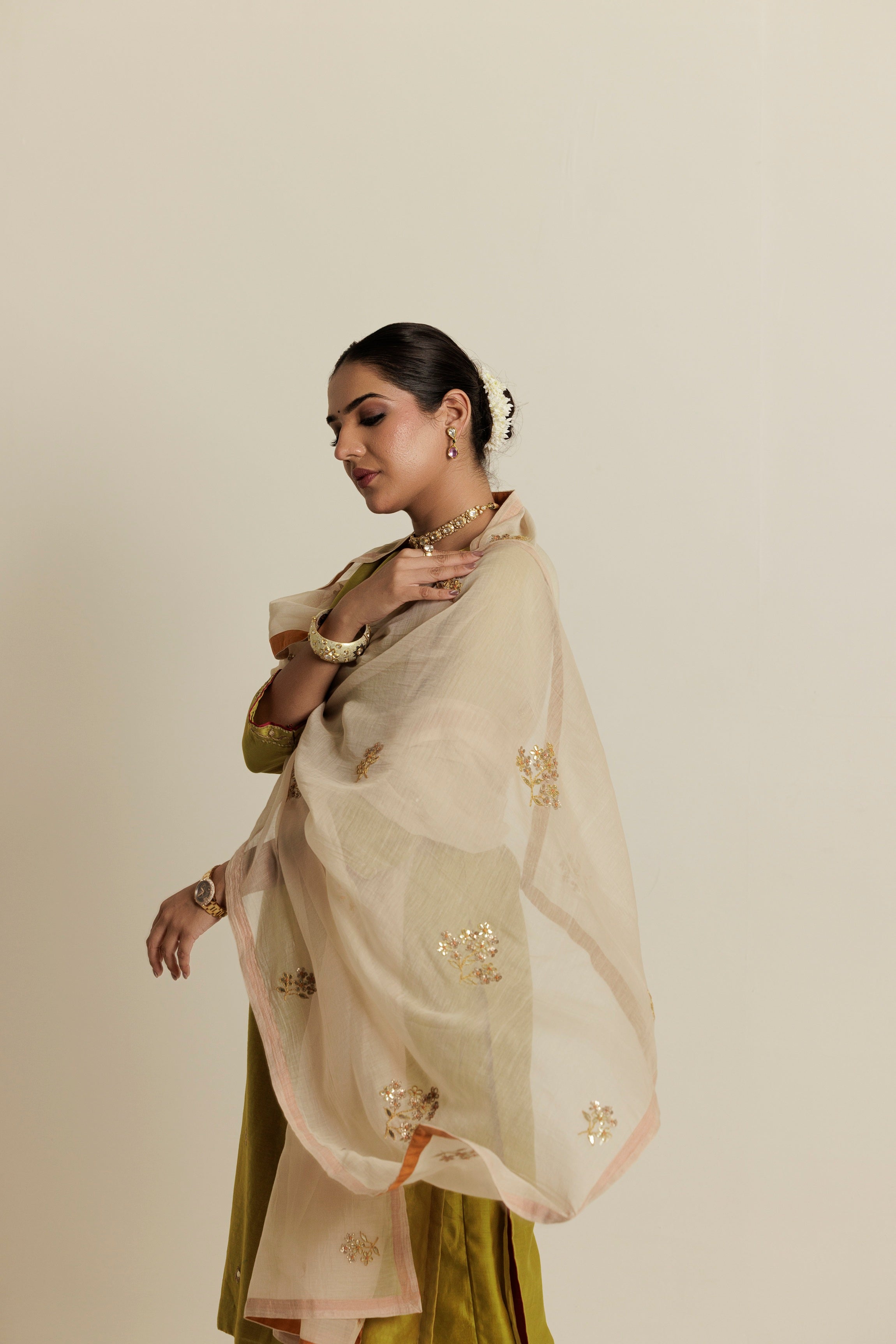 Mustard Ivory Floral Gota Patti Chanderi Dupatta