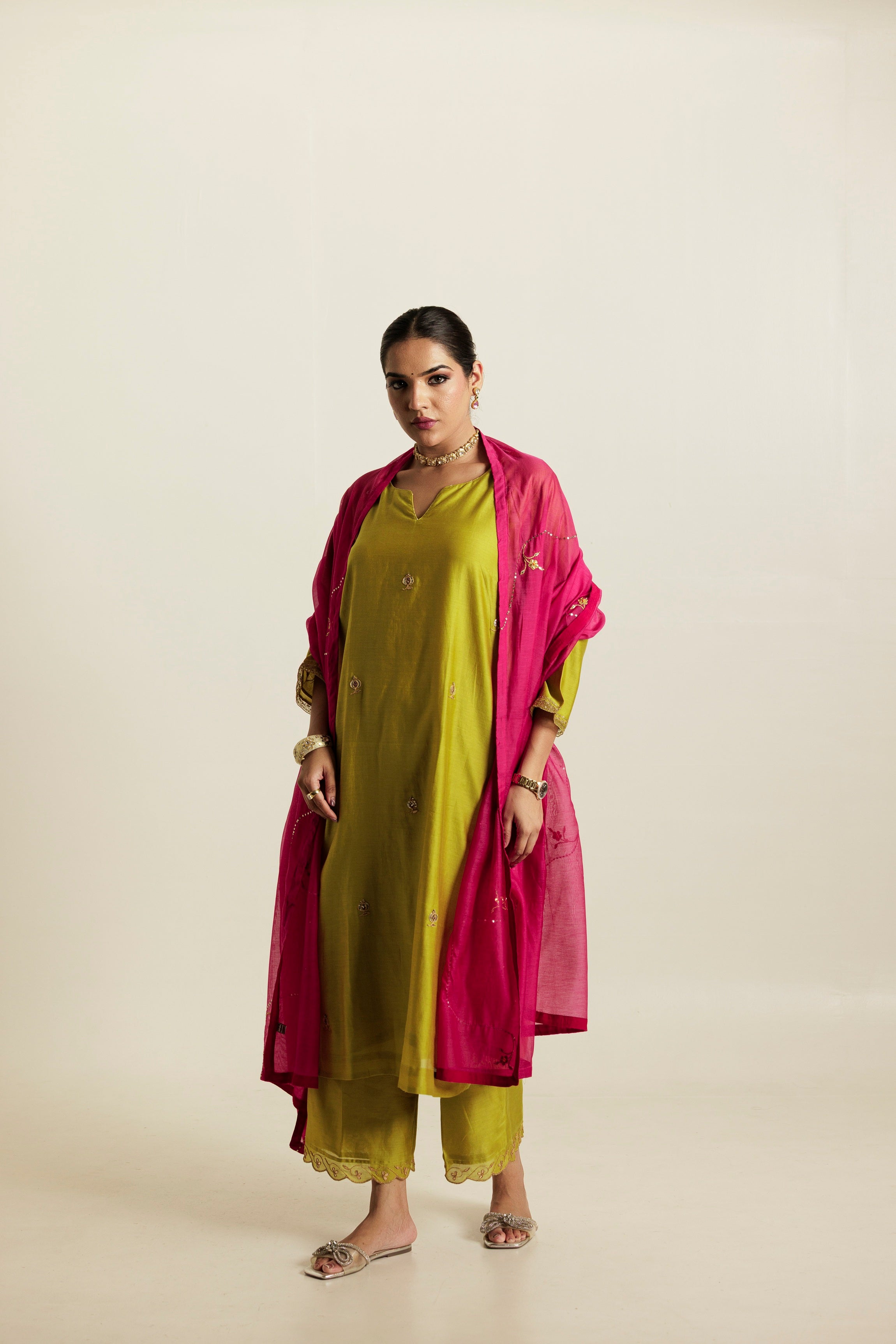 Fuchsia Pink Hand Embroidered Gota Patti Chanderi Dupatta