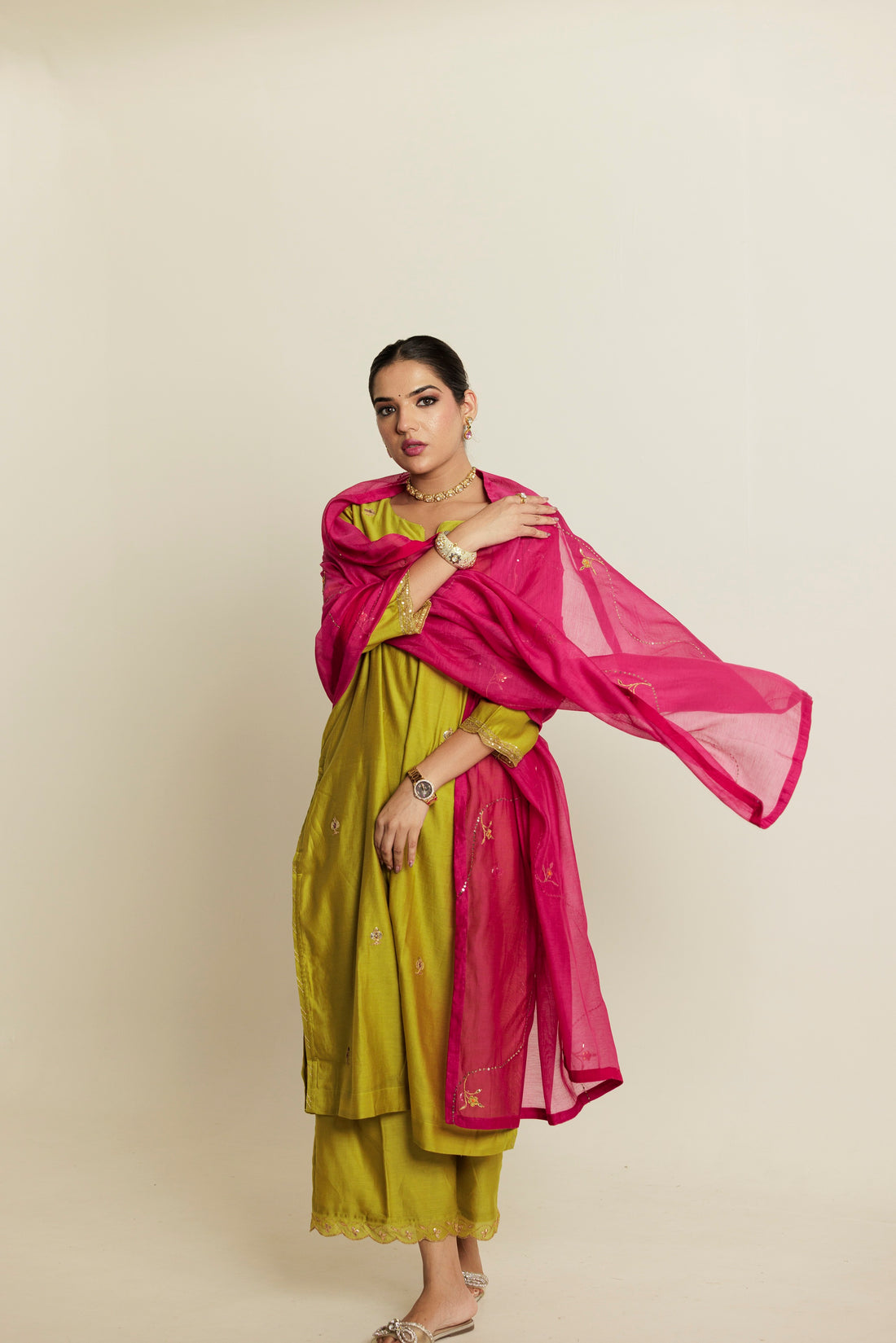 Fuchsia Pink Hand Embroidered Gota Patti Chanderi Dupatta