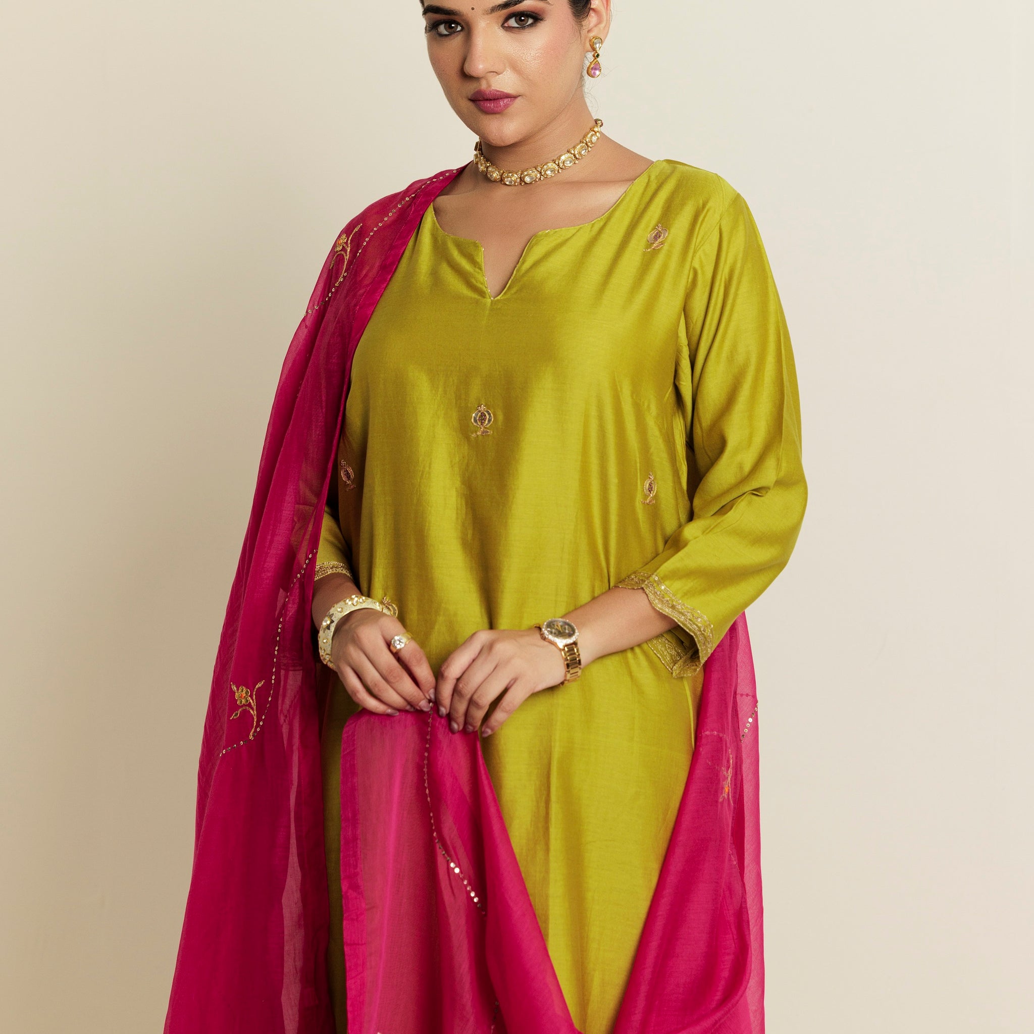 Green Hand Embroidered Aari-Zardozi Chanderi Kurta Set
