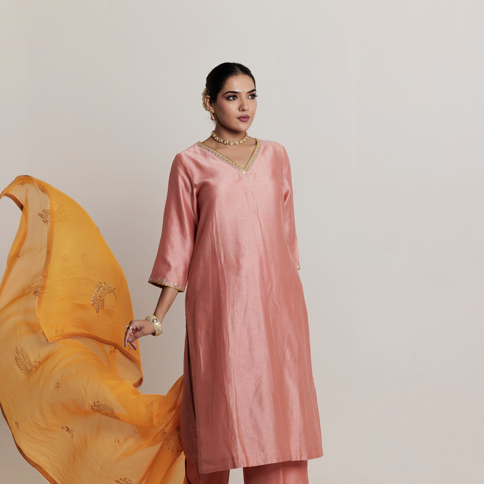 Peach Pink Embroidered Gota-Patti Chanderi Kurta Set
