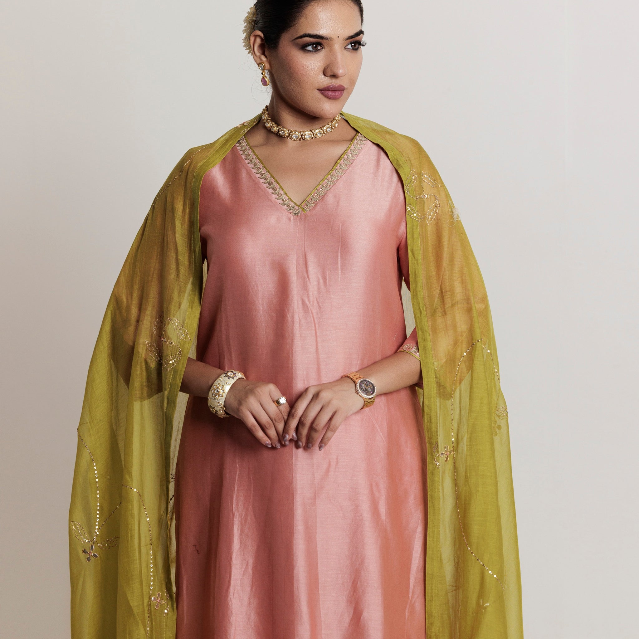 Olive Green Gota Sequins Cotton Silk Dupatta