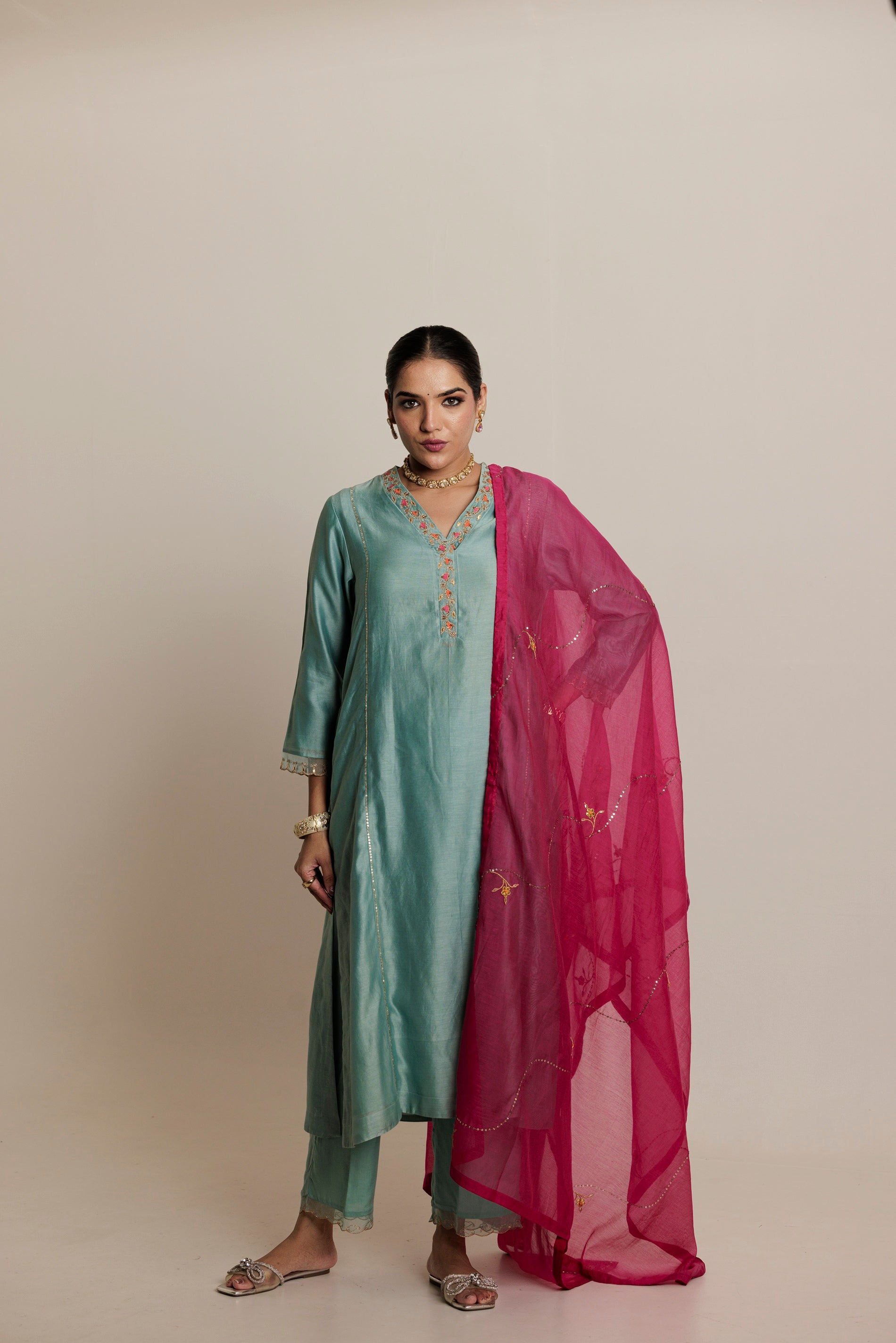 Fuchsia Pink Hand Embroidered Gota Patti Chanderi Dupatta