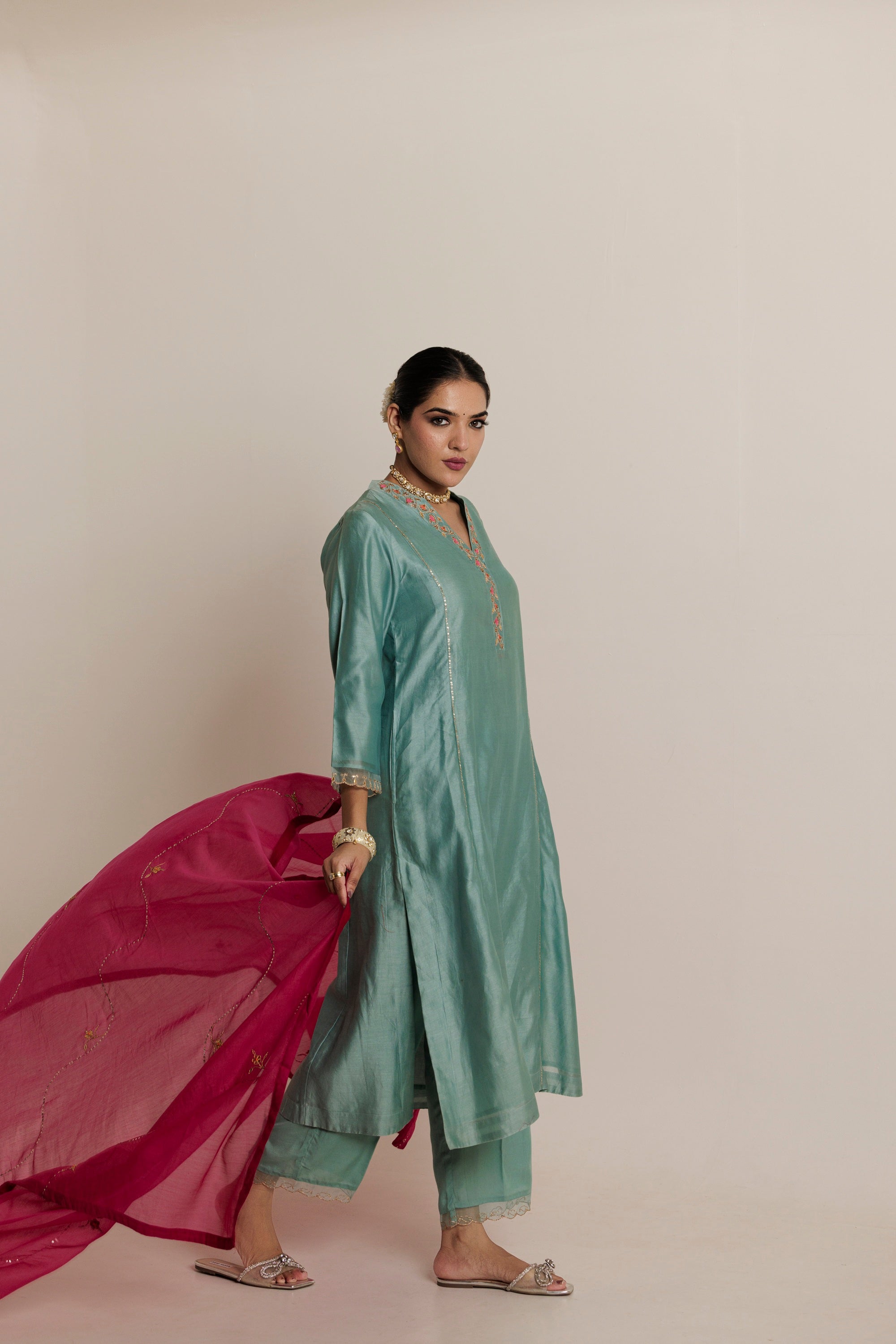 Aqua A-line Embroidered Gota Patti Kurta Set