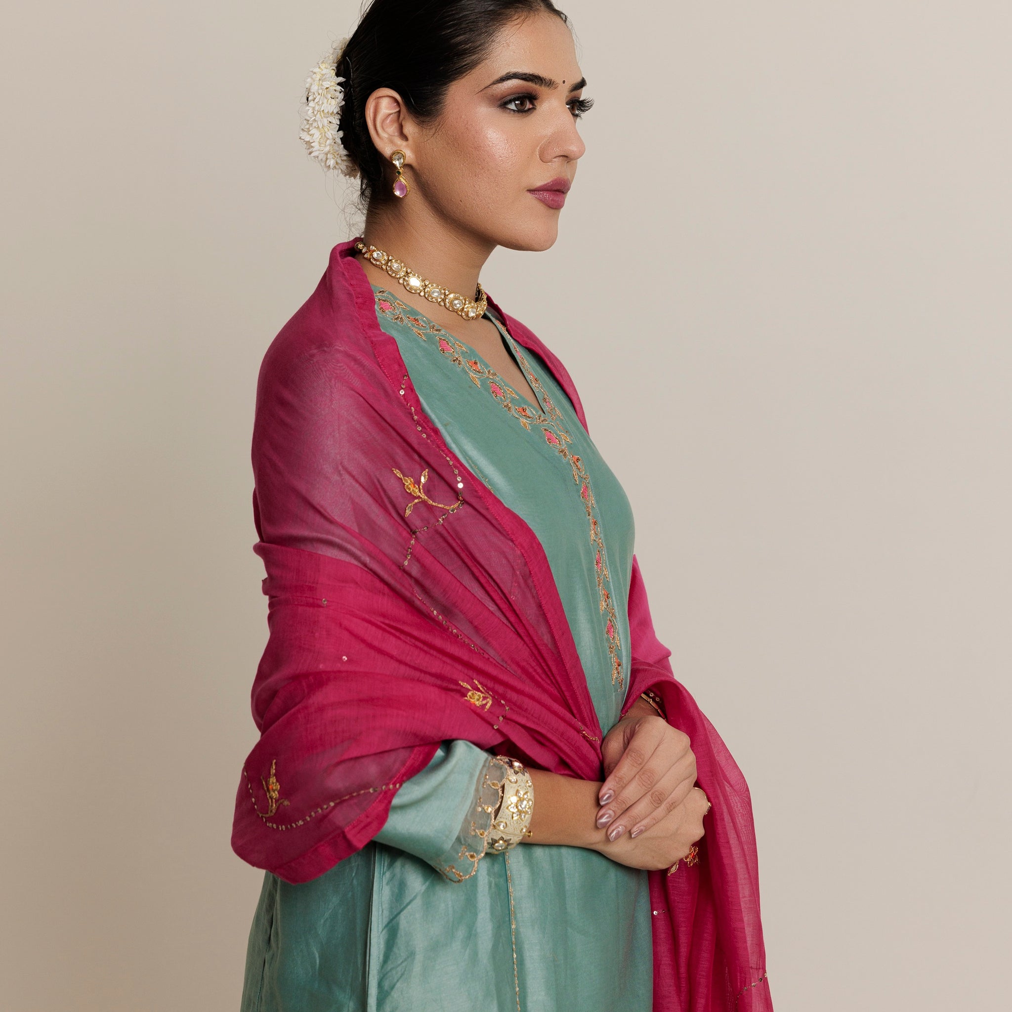 Fuchsia Pink Hand Embroidered Gota Patti Chanderi Dupatta