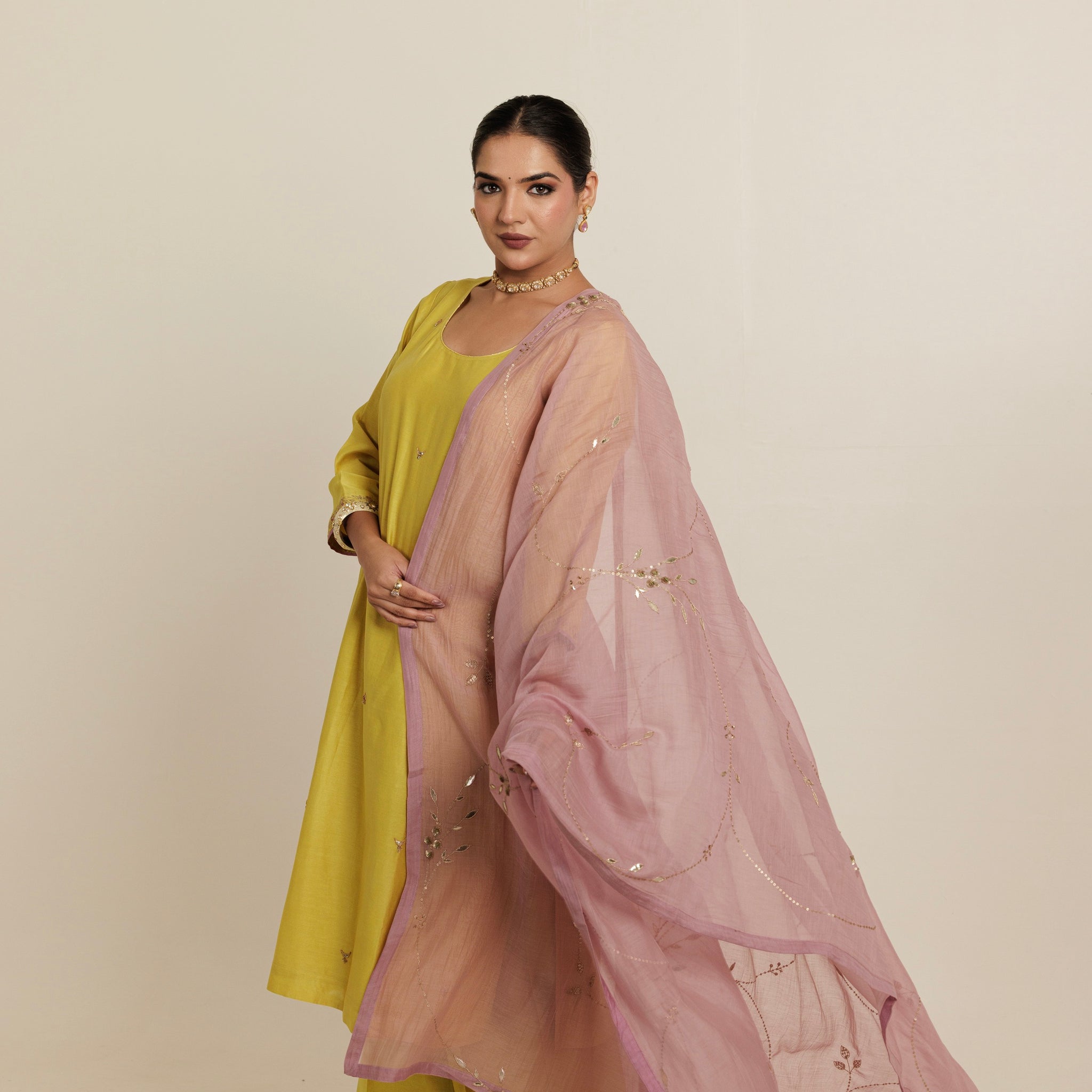 Lavender & Mustard Dandelion Bel Dupatta