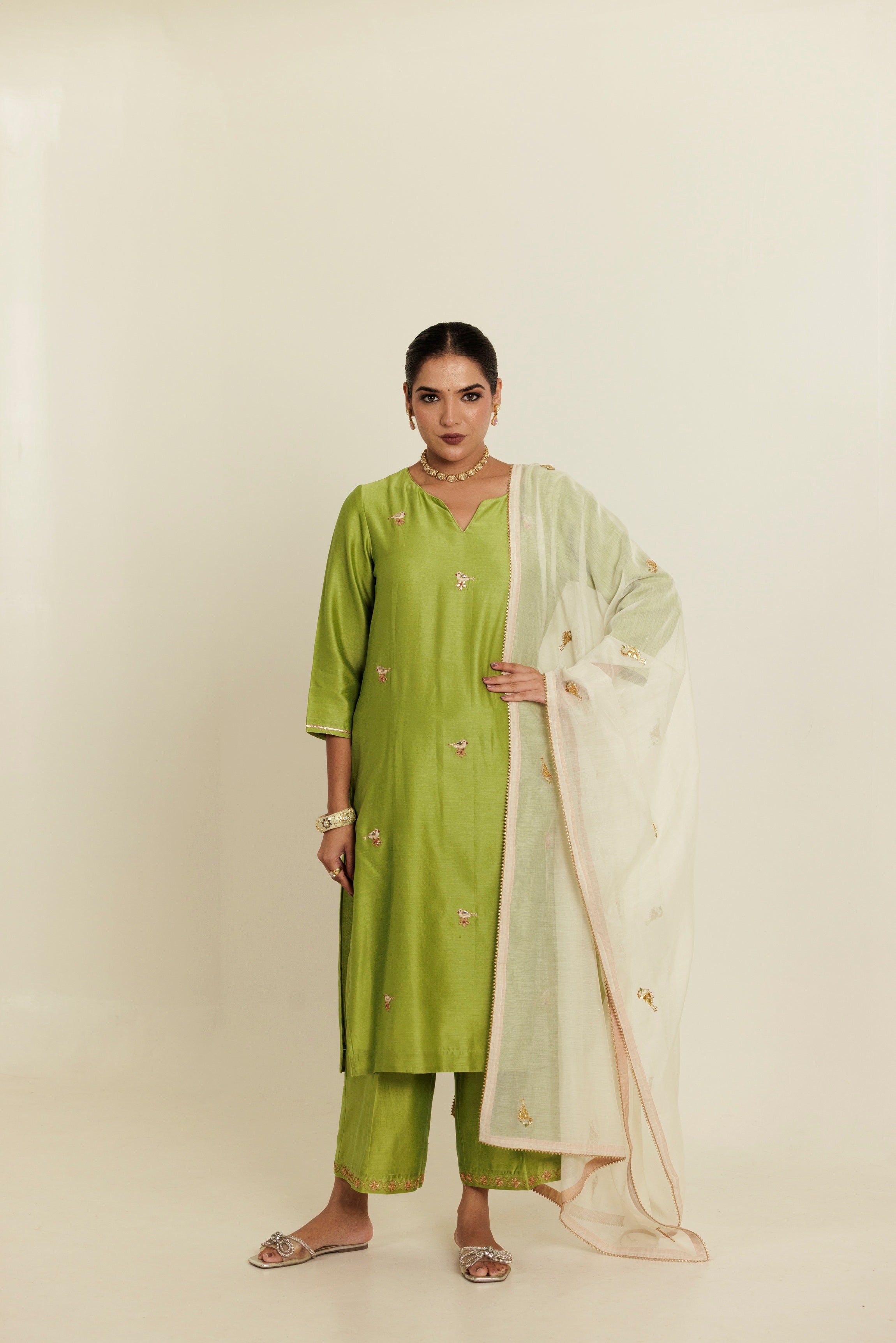White Gold Chidiya Gota Patti Chanderi Dupatta