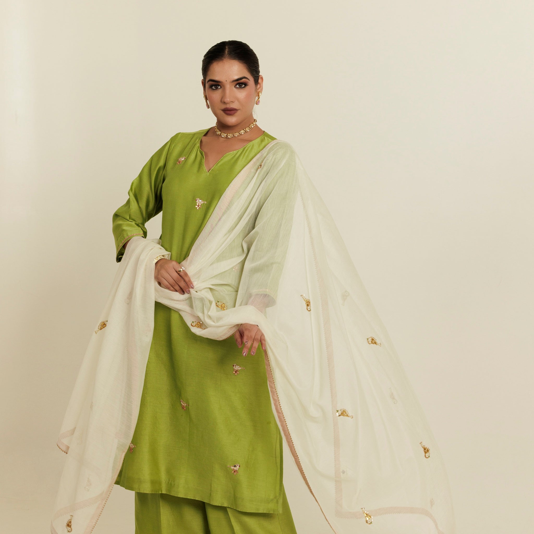White Gold Chidiya Gota Patti Chanderi Dupatta