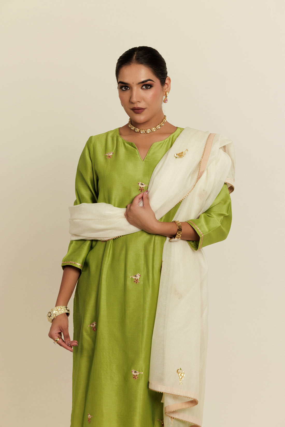 White Gold Chidiya Gota Patti Chanderi Dupatta