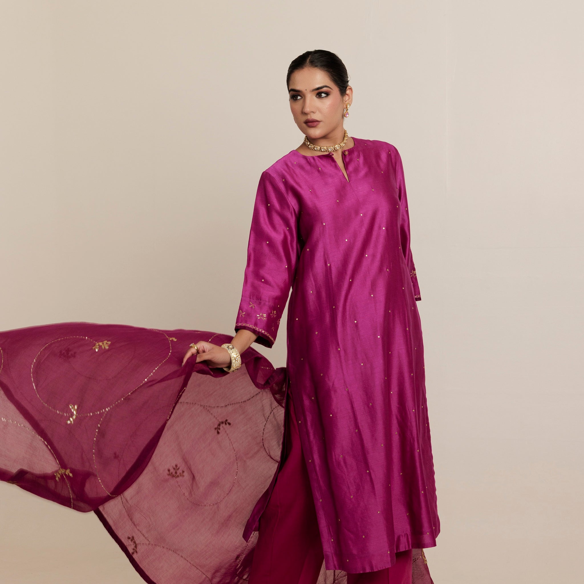 Magenta Pink Aari Hand Embroidered Chanderi Kurta Set