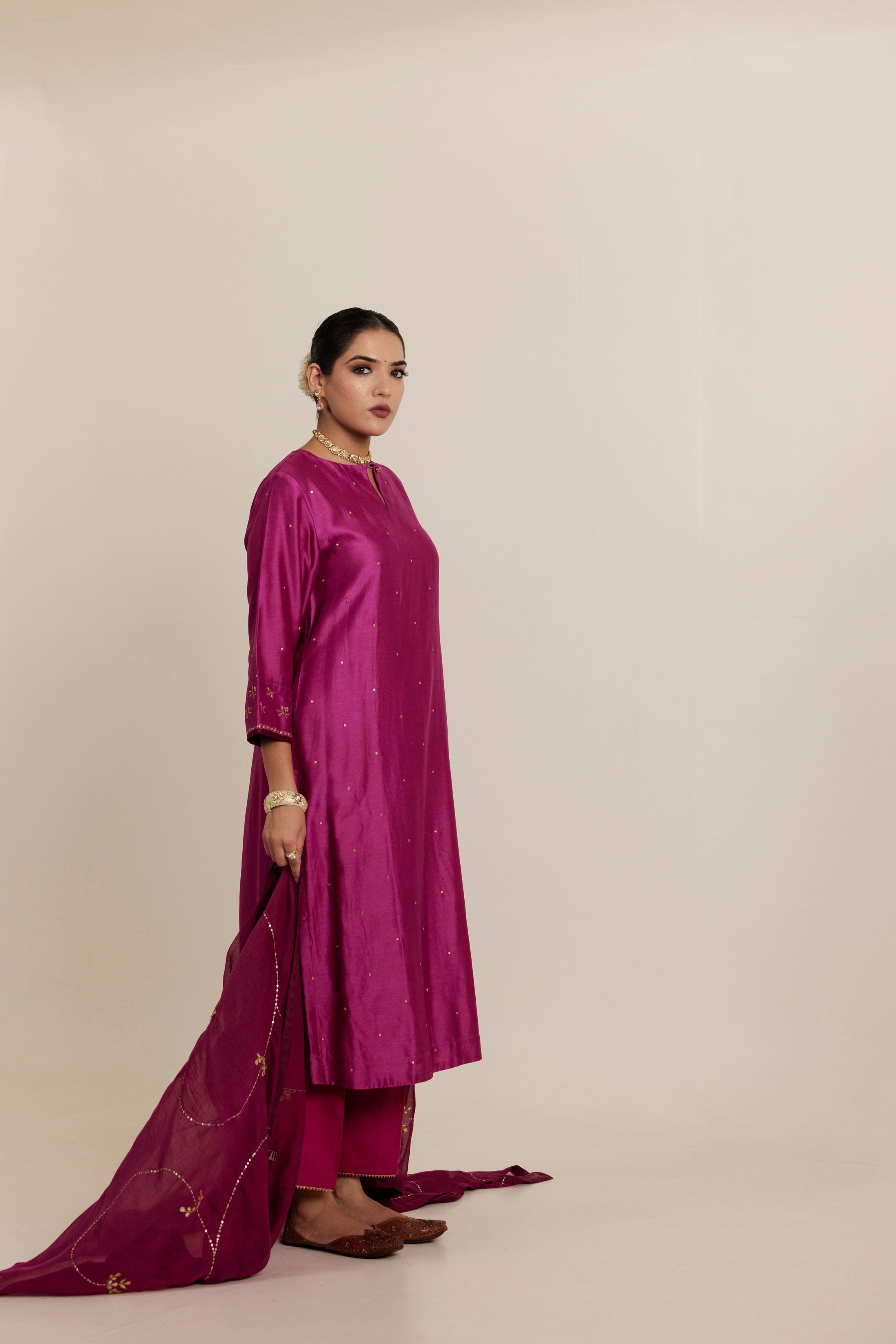 Magenta Pink Aari Hand Embroidered Chanderi Kurta Set