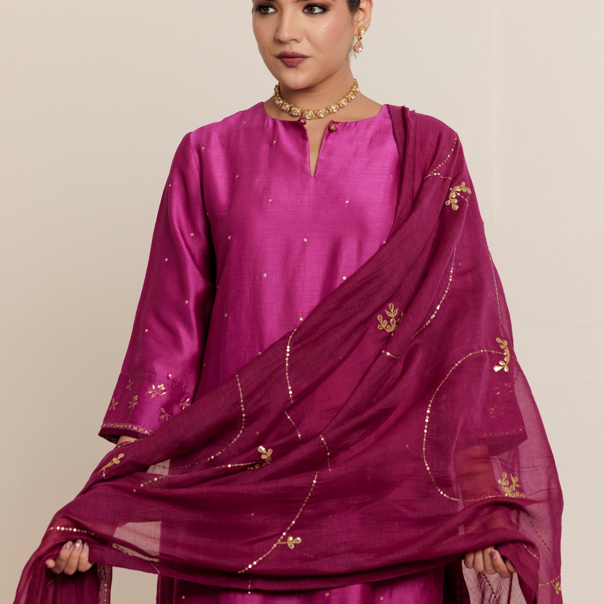 Dark Magenta Pink Hand Embroidered Gota Patti Dupatta