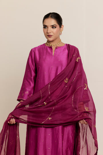 Dark Magenta Pink Hand Embroidered Gota Patti Dupatta