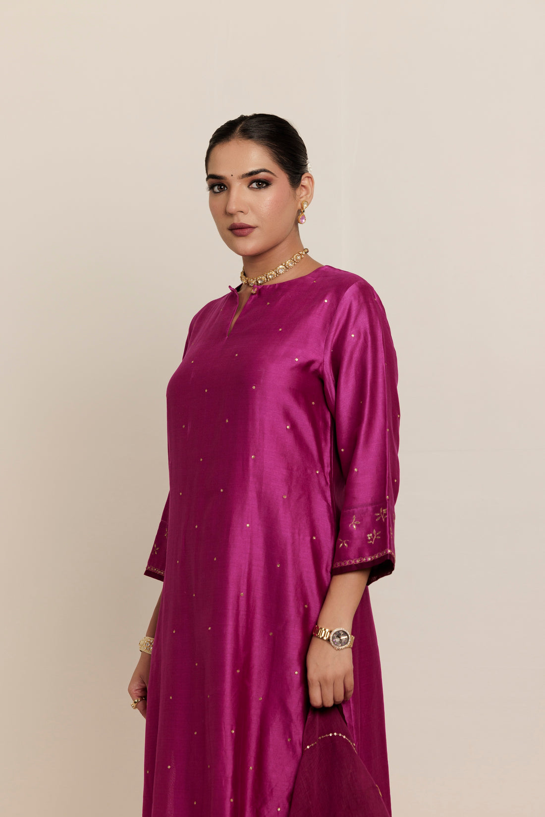 Magenta Pink Aari Hand Embroidered Chanderi Kurta Set