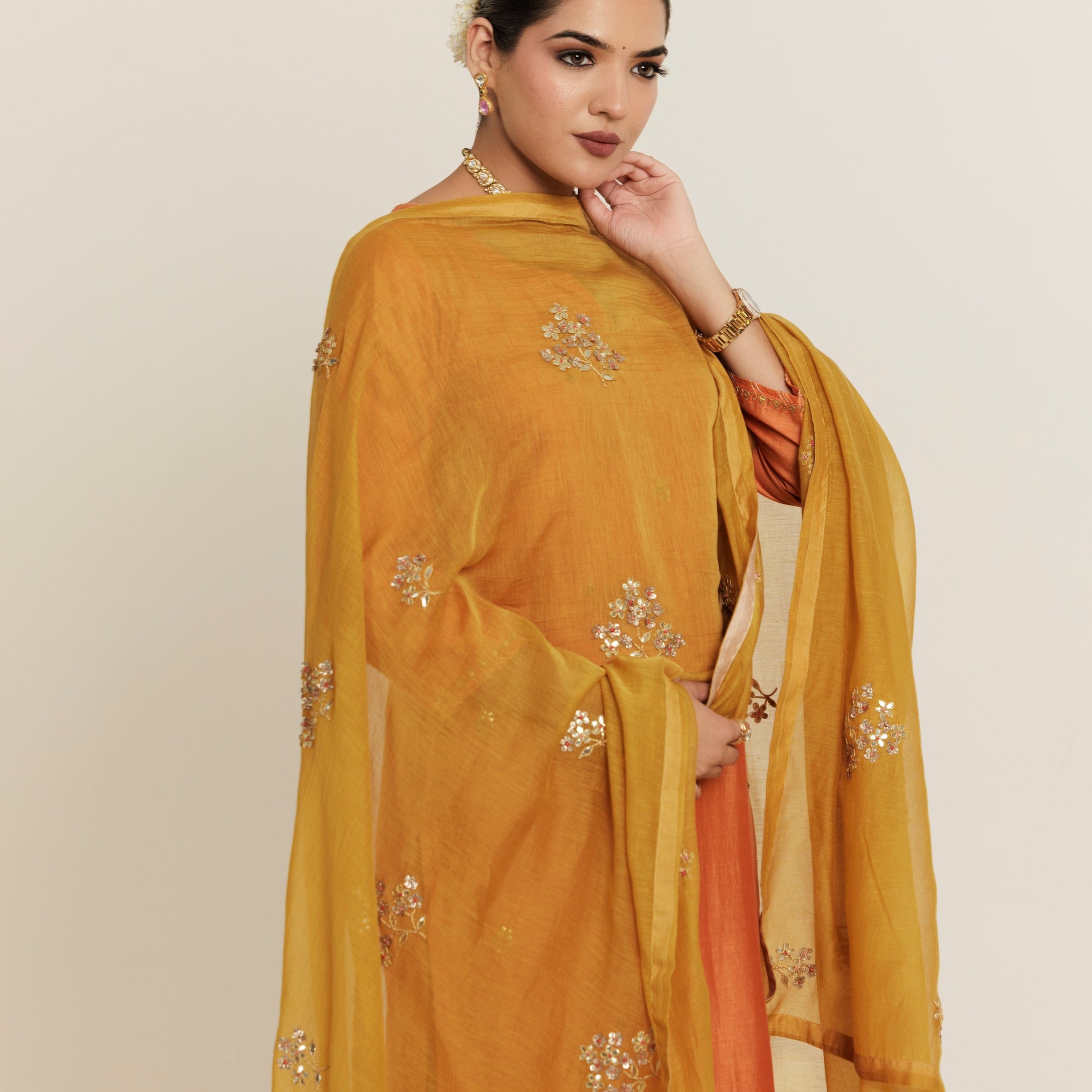 Mustard Ivory Floral Gota Patti Chanderi Dupatta