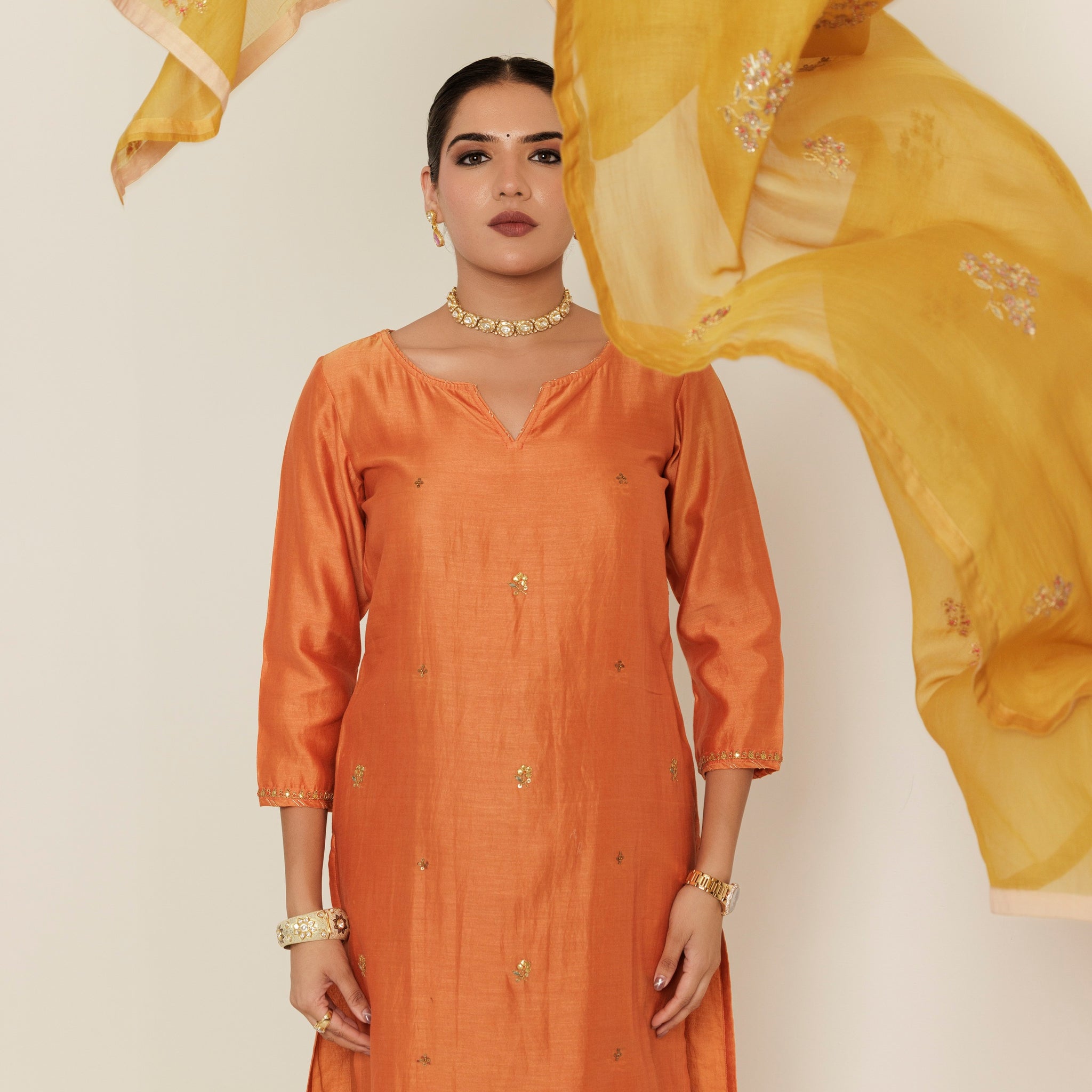 Burnt Orange Gota Patti Embroidered Chanderi Kurta Set