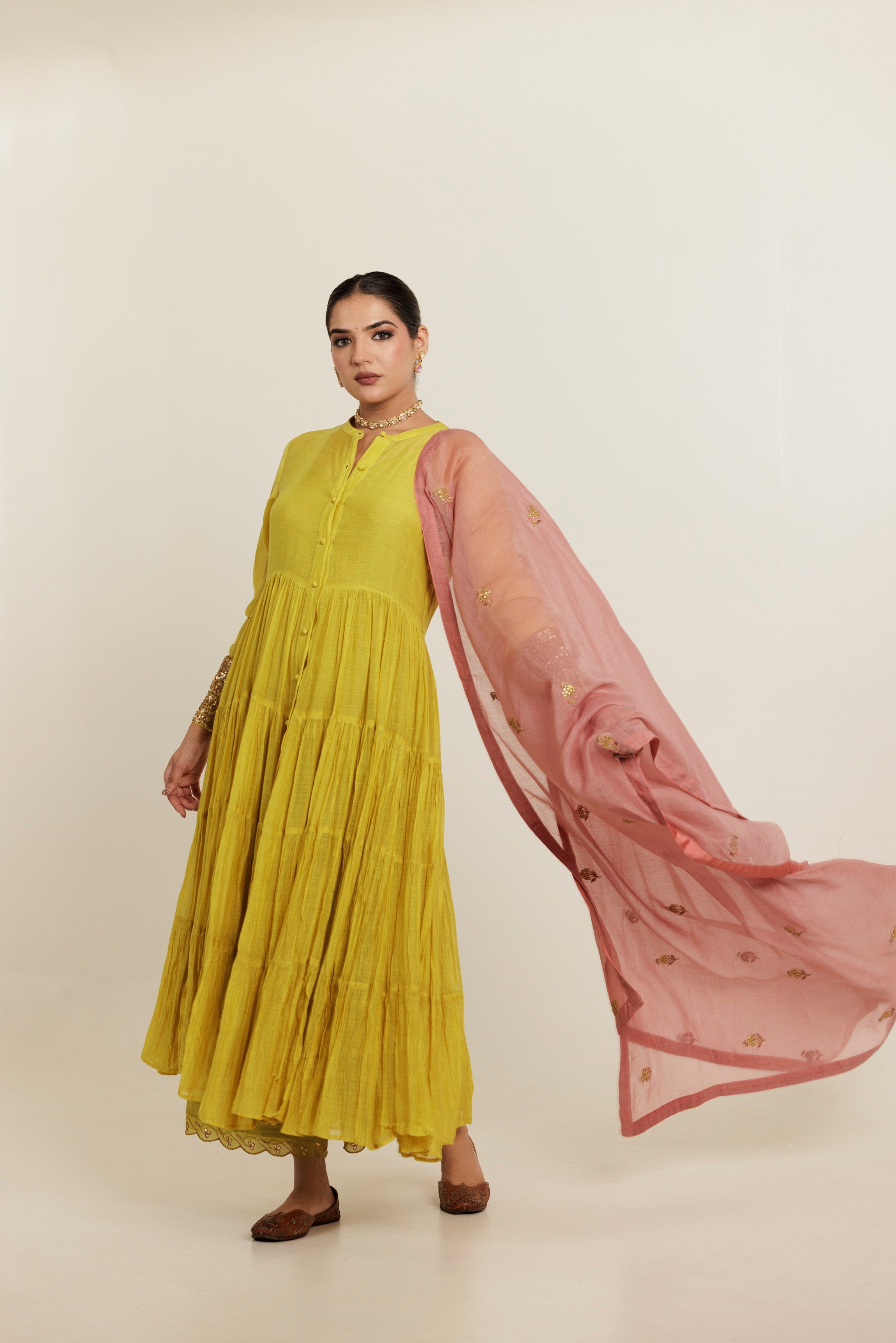 Green Long Flared Chanderi Anarkali Kurta Set