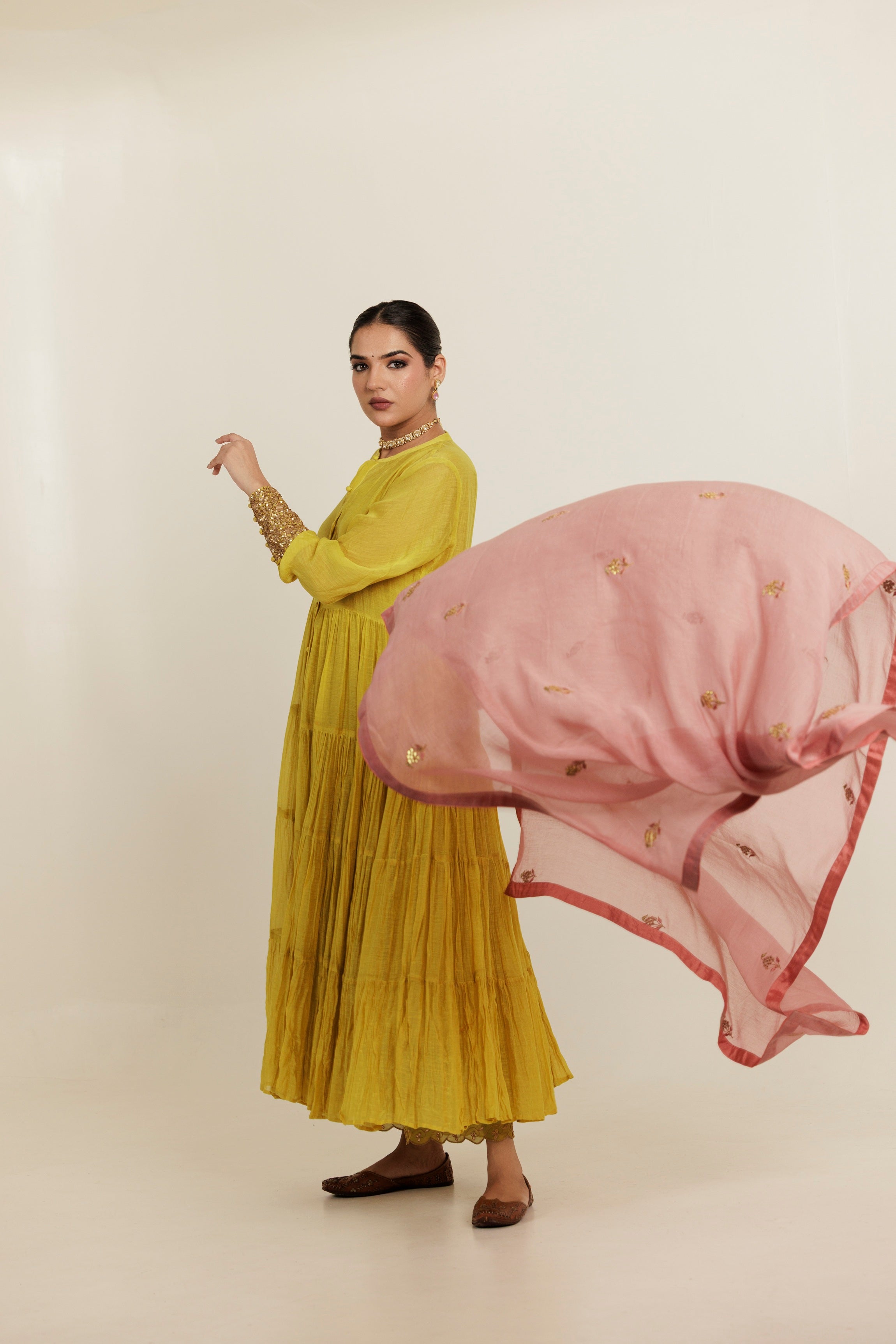 Green Long Flared Chanderi Anarkali Kurta Set