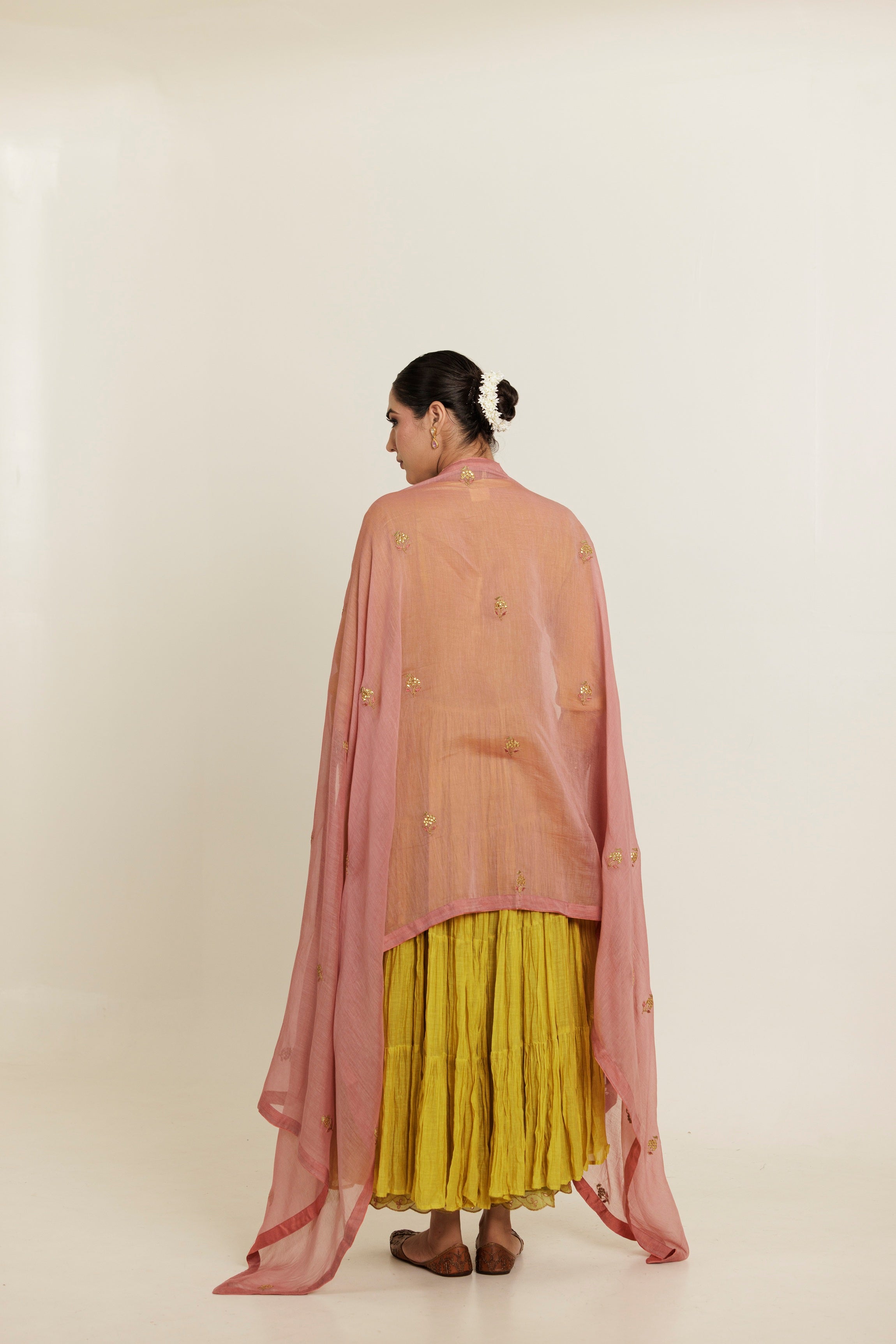 Green Long Flared Chanderi Anarkali Kurta Set