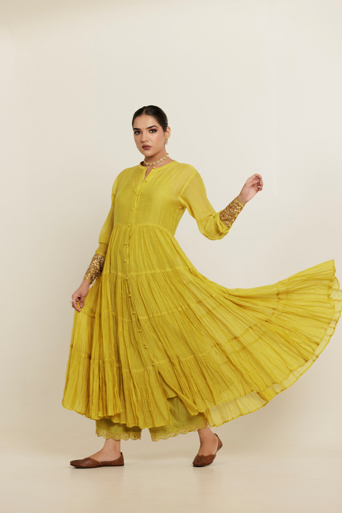 Green Long Flared Chanderi Anarkali Kurta Set
