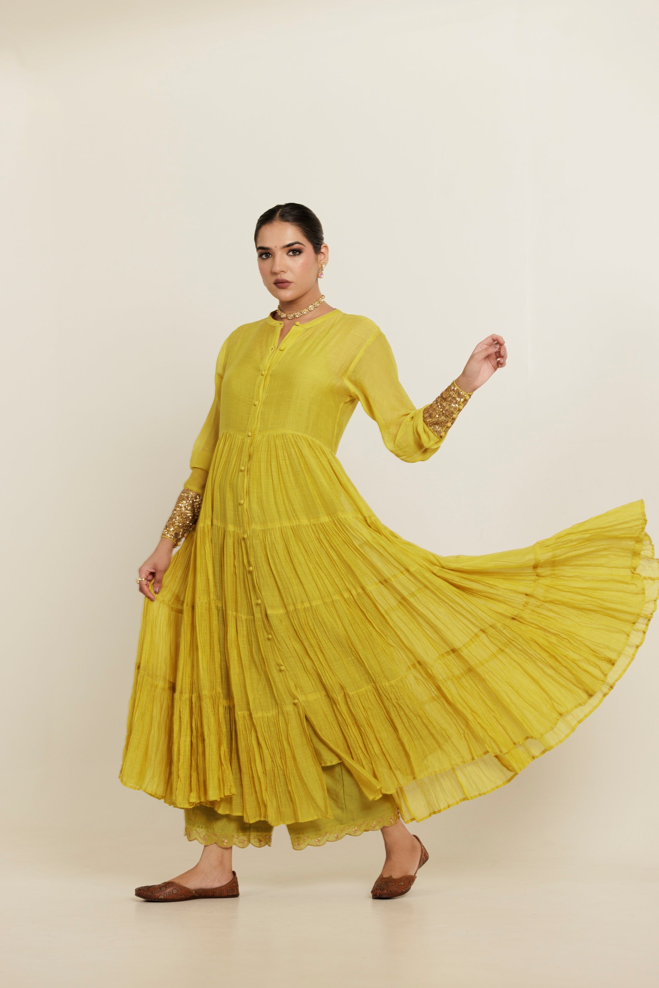 Green Long Flared Chanderi Anarkali Kurta Set