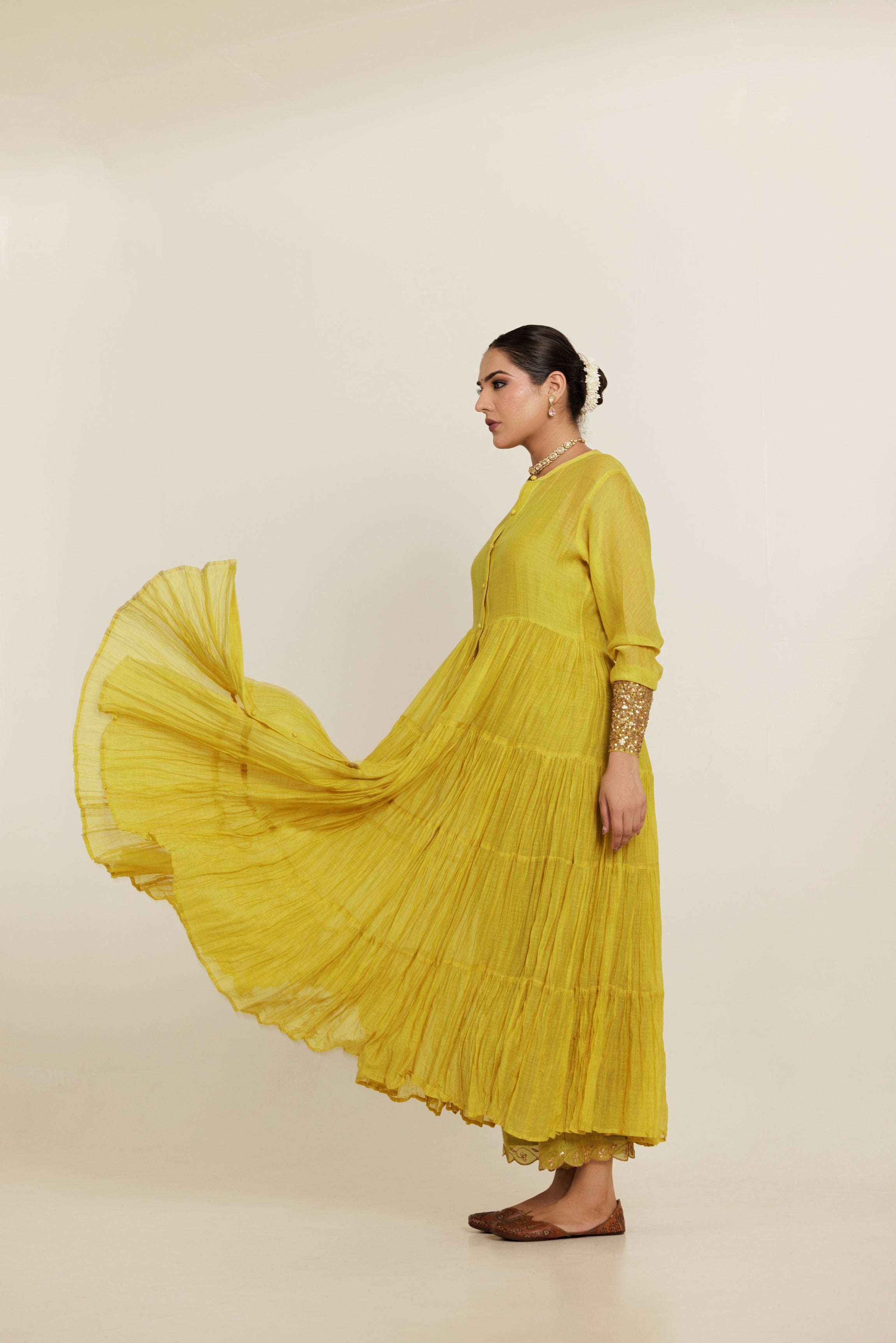 Green Long Flared Chanderi Anarkali Kurta Set