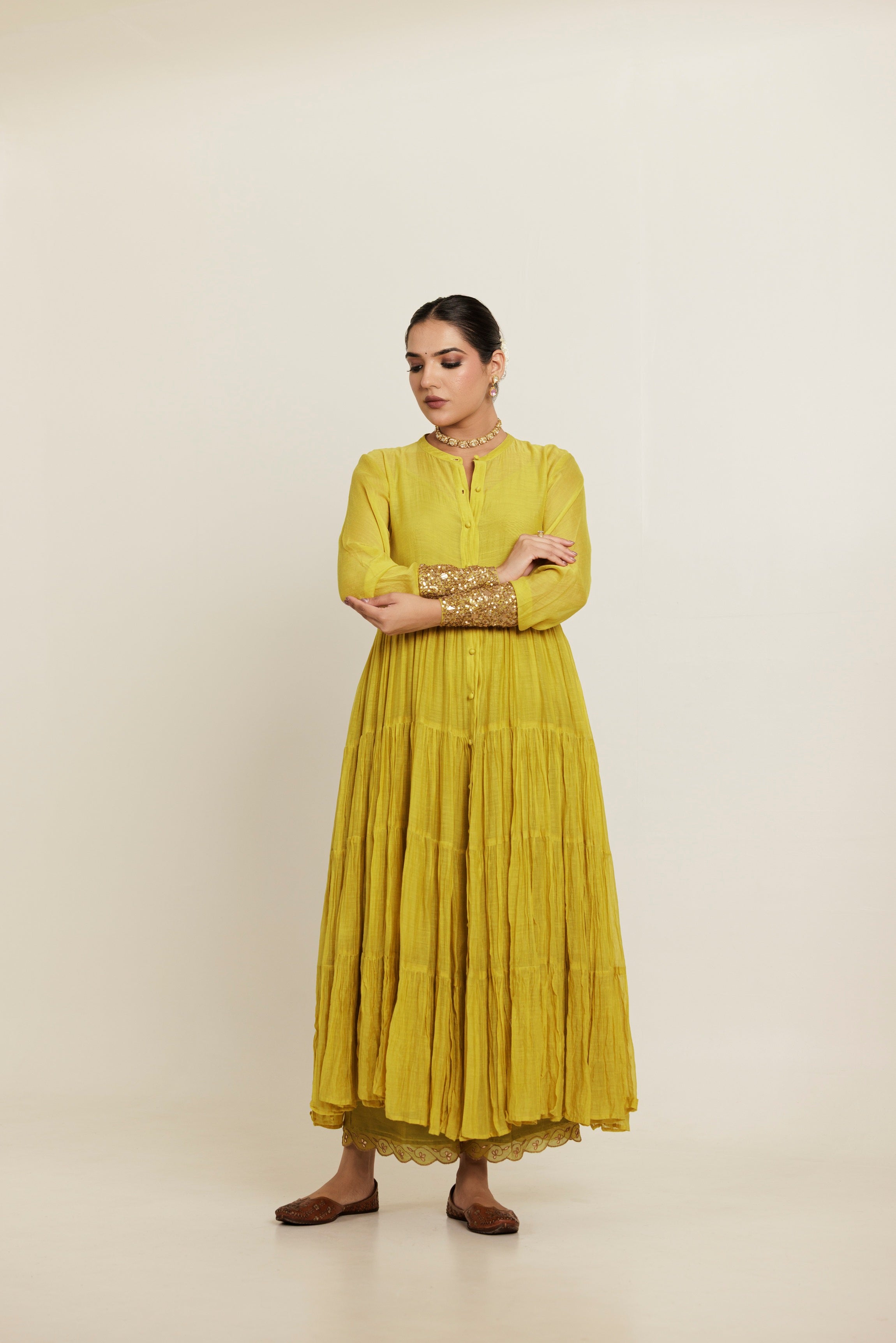 Green Long Flared Chanderi Anarkali Kurta Set